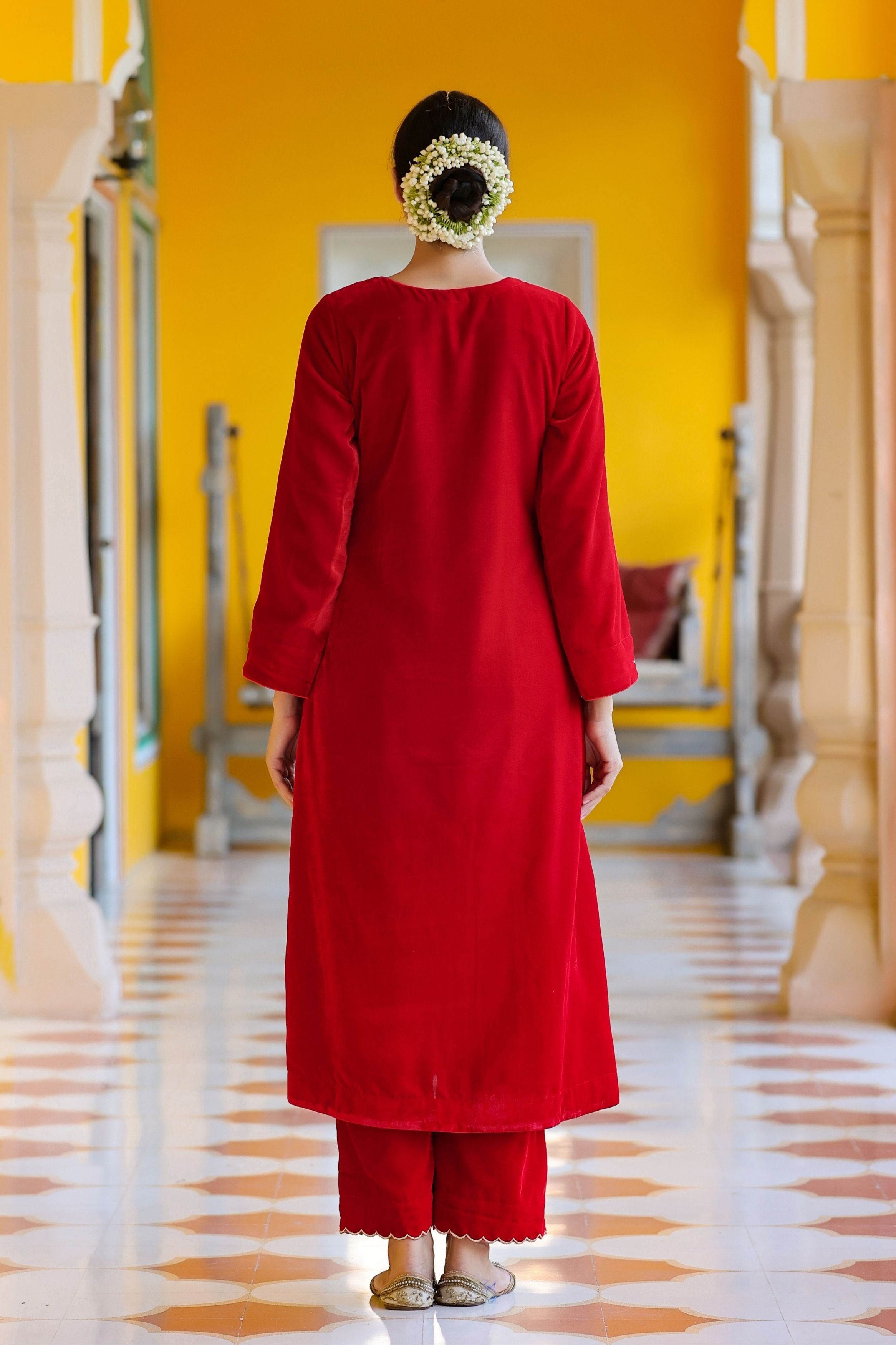 Women's Red Velvet Embroidered Kurta with Palazzo-Gillori