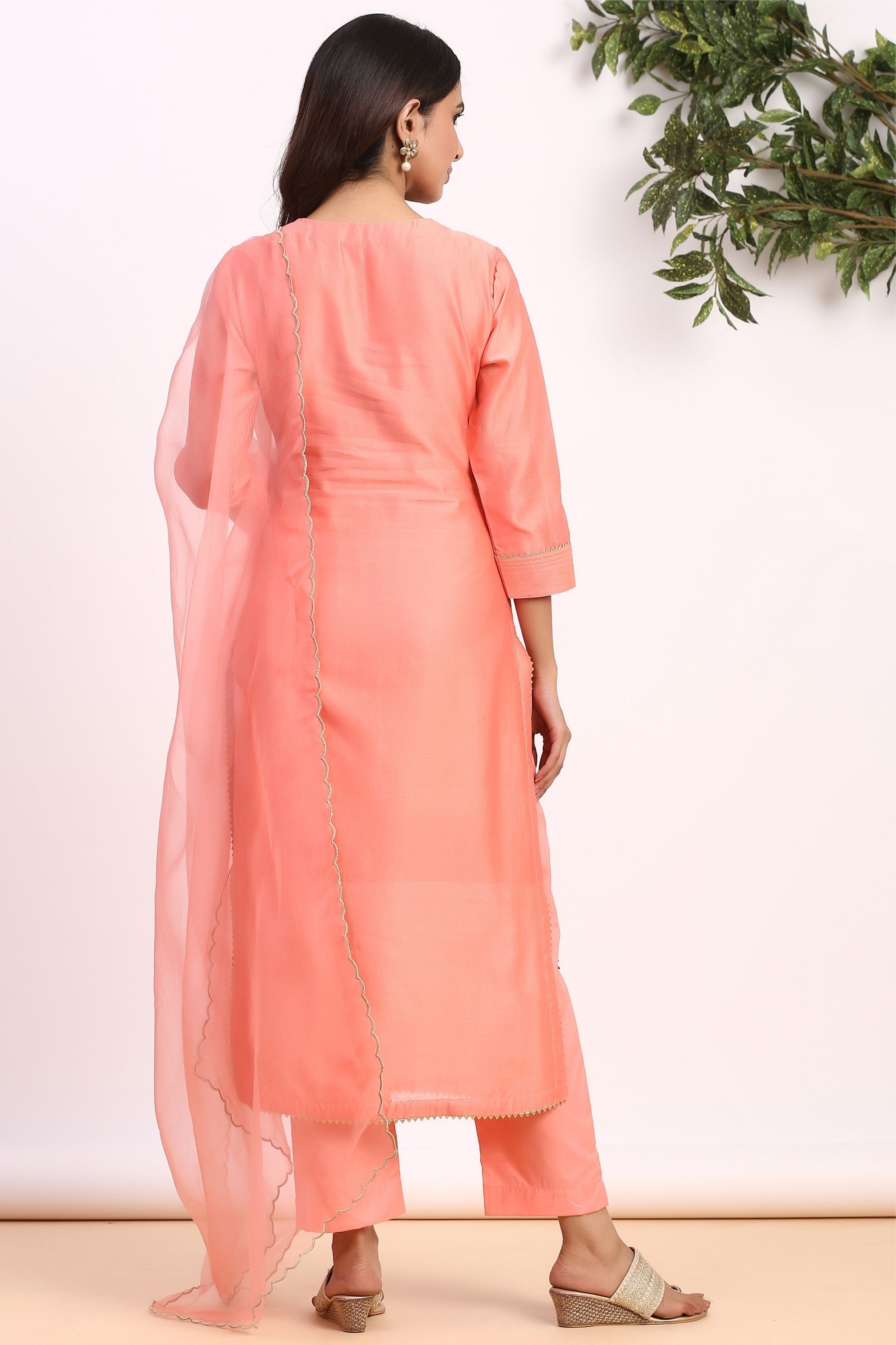 Women's Cosmic Peach Pure Chanderi Suit Set-Gillori