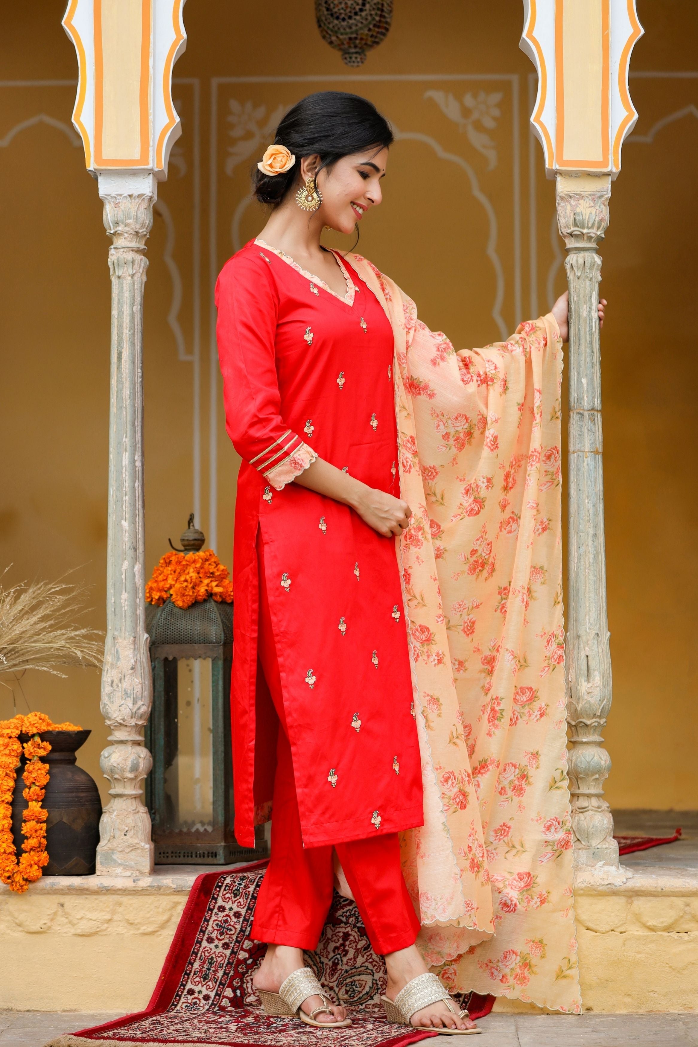 Women's Scarlet Red Embroidered Suit Set-Gillori