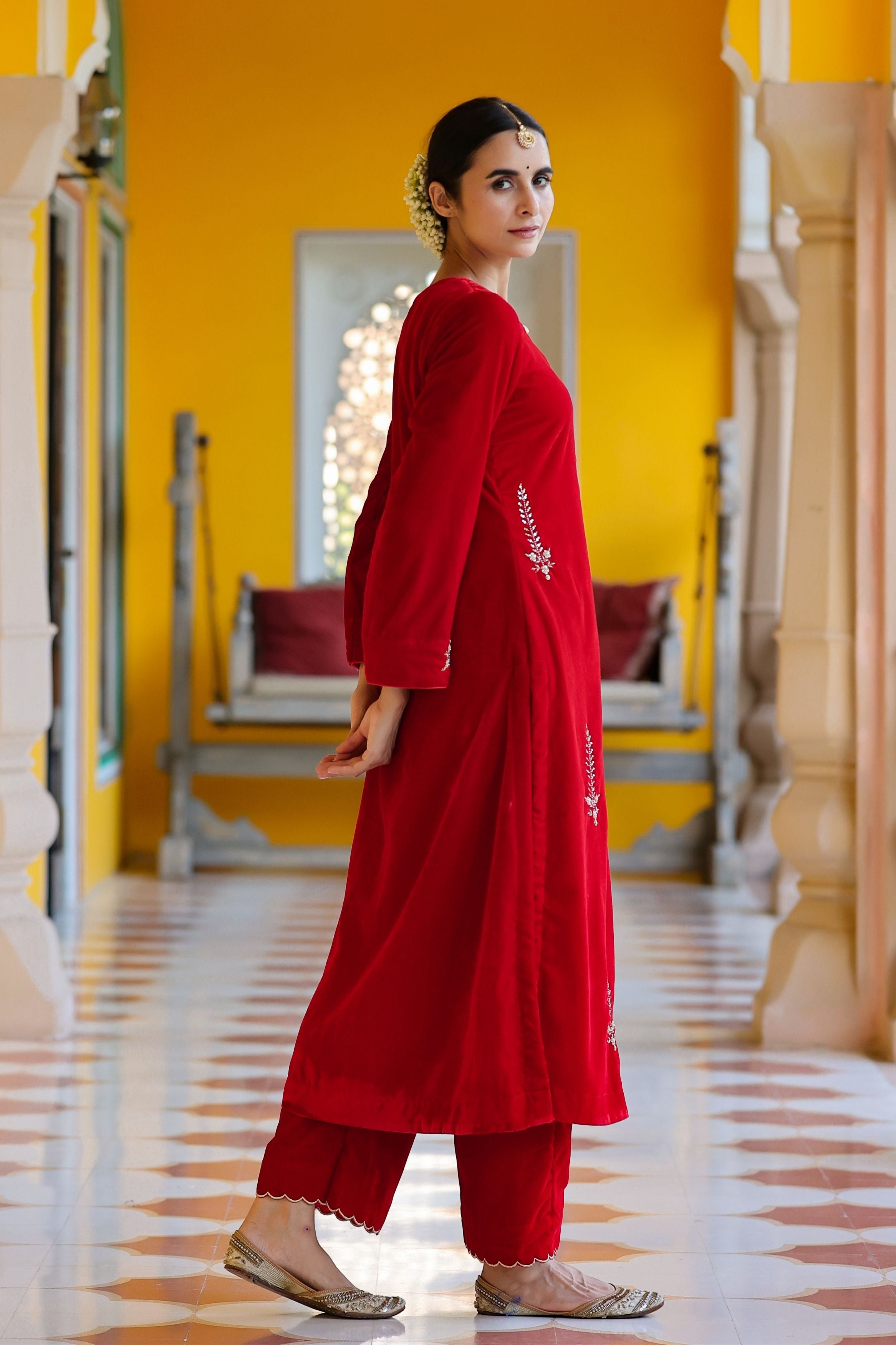 Women's Red Velvet Embroidered Kurta with Palazzo-Gillori
