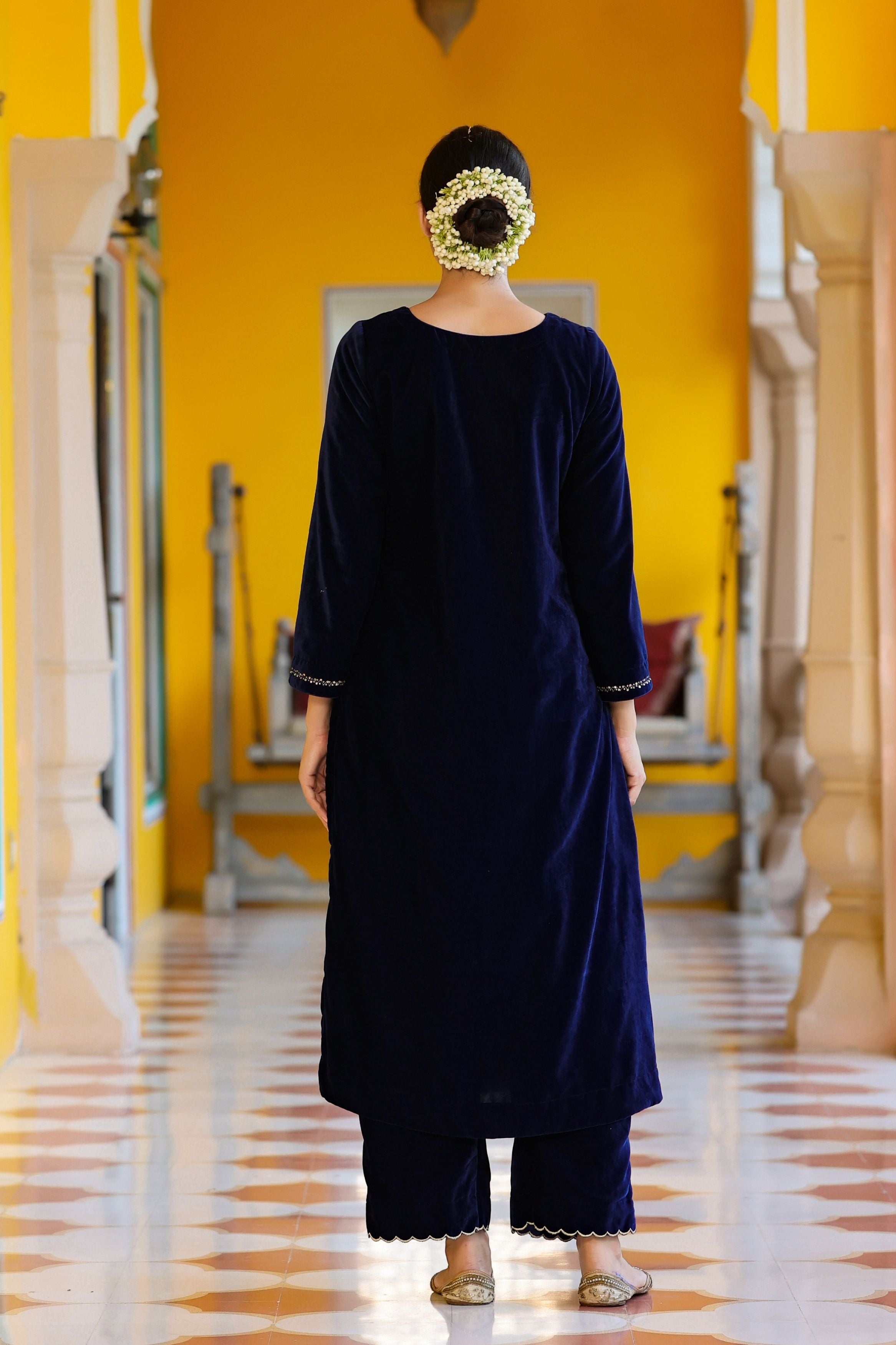 Women's Deep Blue Velvet Embroidered Kurta with Palazzo-Gillori