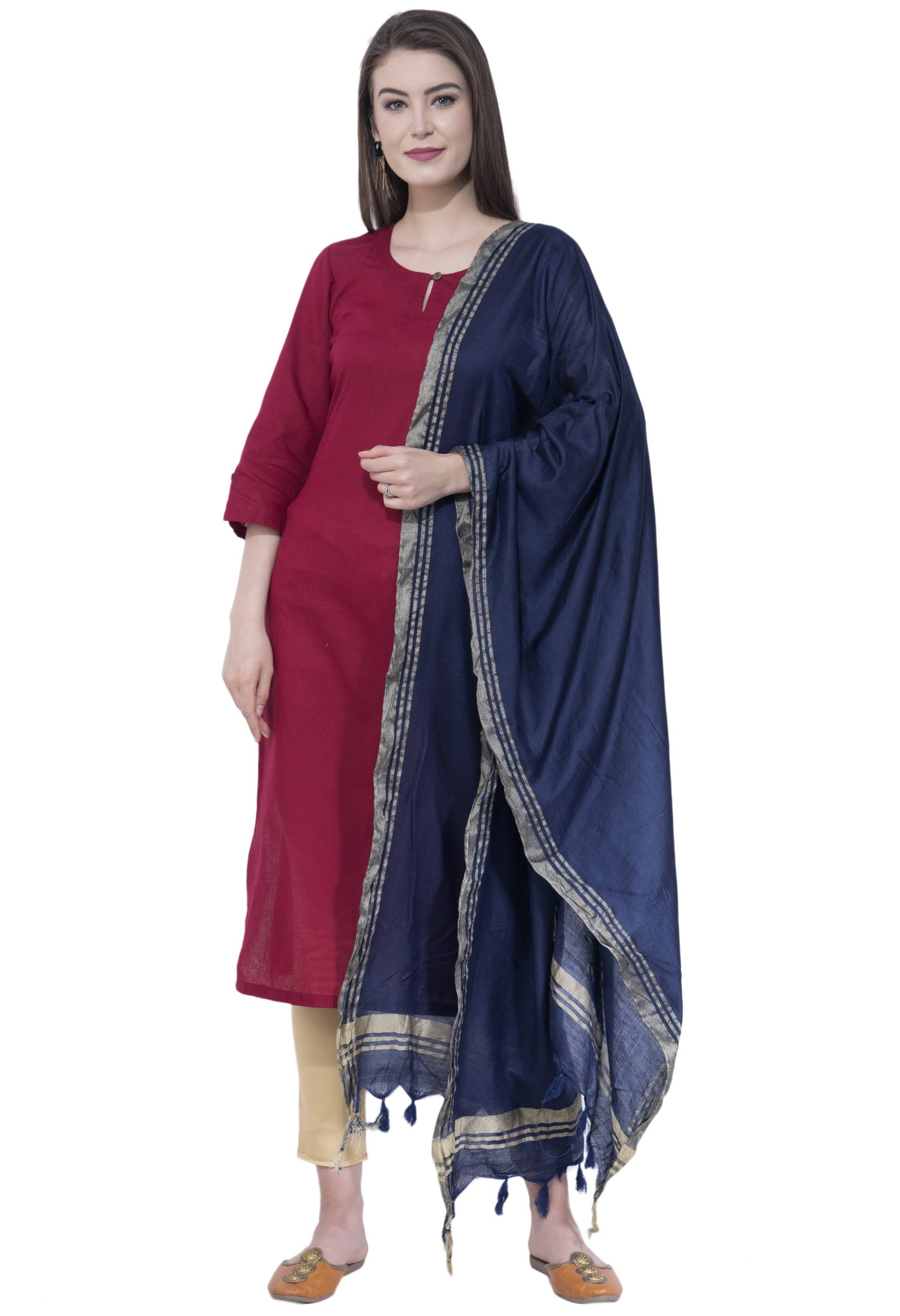 A R SILK Navy Blue Color Golden Border Dupattas and Chunnis