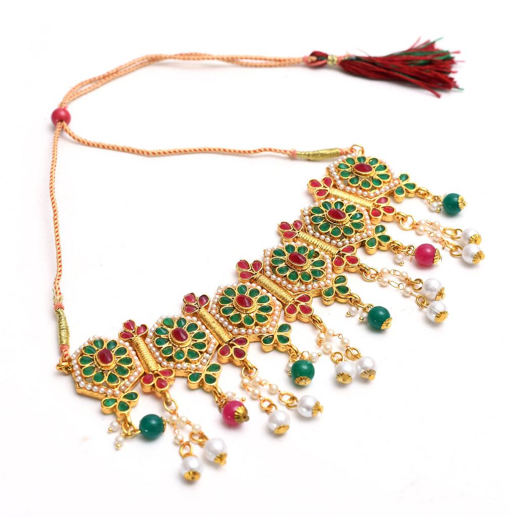 Kamal Johar Gold-Plated Chokar Jaipuri Necklace Multi color with Ear