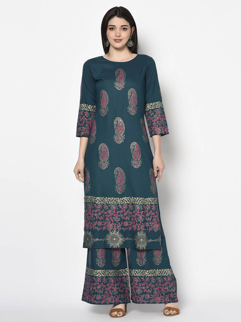 Women's Teal Blue Rayon Block print straight kurta