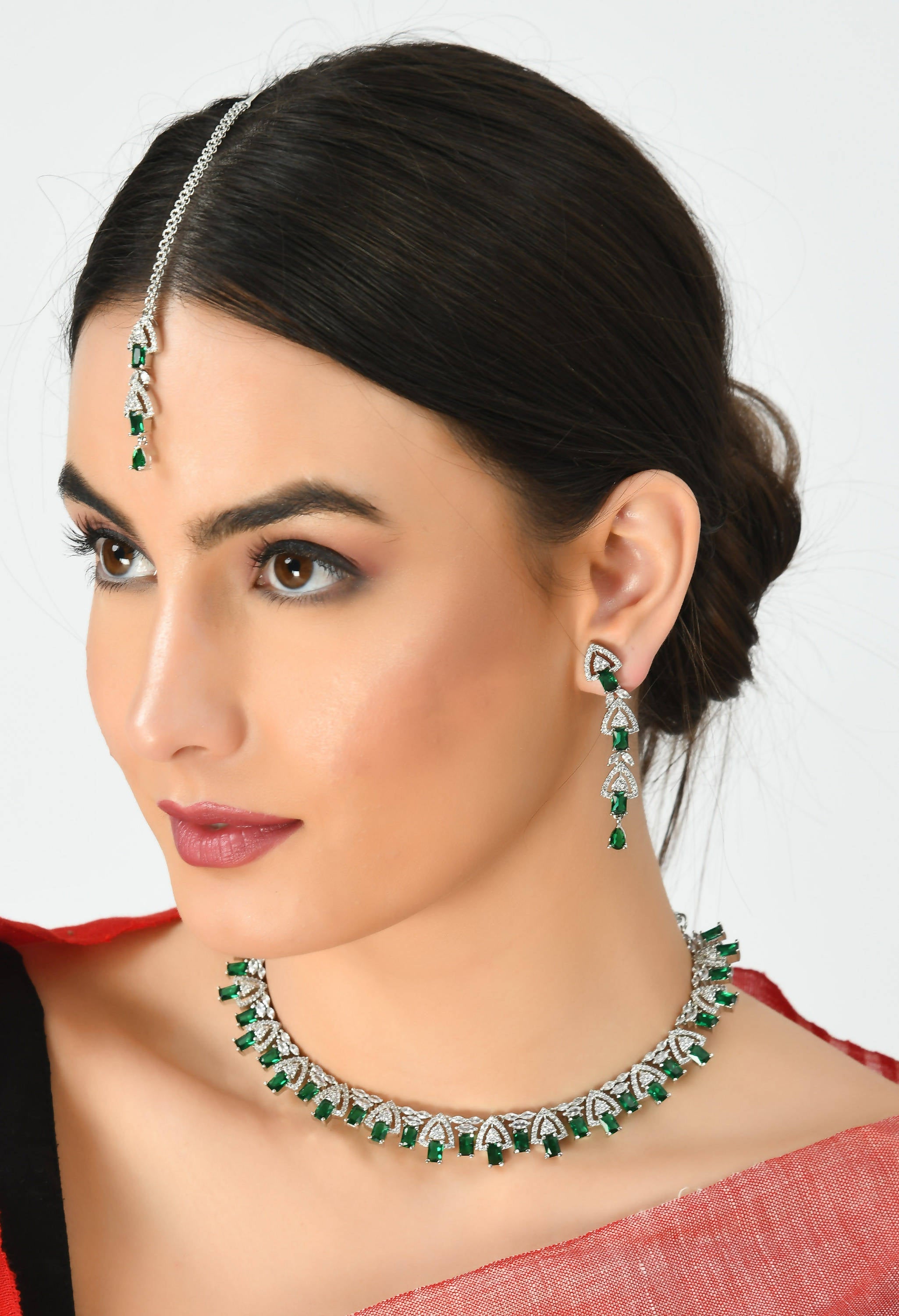 Kamal Johar American Diamond Silver-Plated Green Ruby Jewellery Set Jkms_027