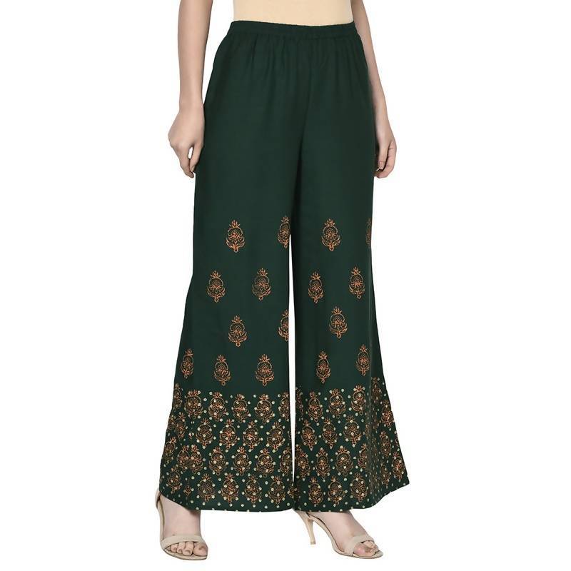 Women's Bottle Green Rayon Block Print Flared slip-on Palazzo