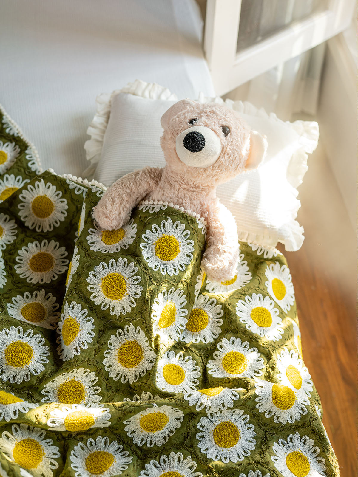 Girl's Green Woollen Sunflower Reversible Baby Kids Blanket - HALEMONS