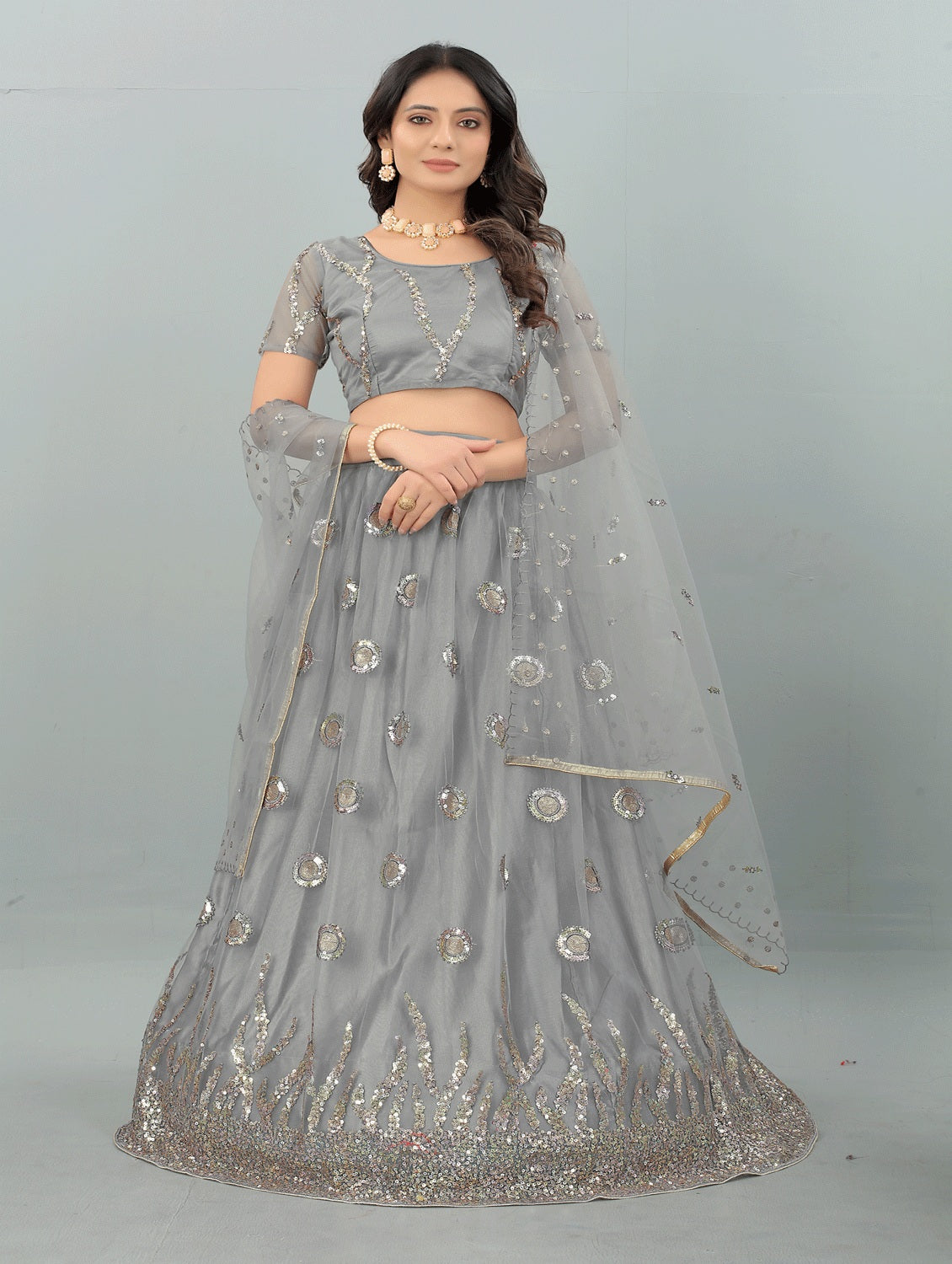 Women's Grey color Semi-Stitched  Lehenga Choli with Dupatta - Embro Vision