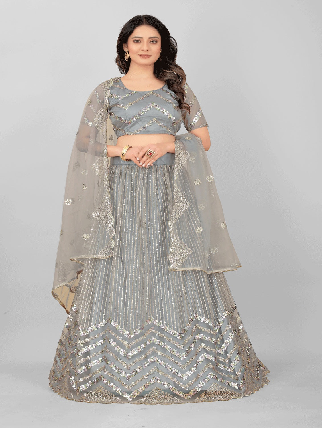 Women's Grey color Semi-Stitched  Lehenga Choli with Dupatta - Embro Vision