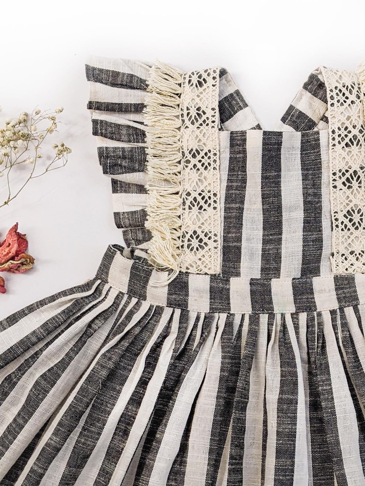 Girl's Grey Stripes Baby Frilled Frock With Crochette Lace  - HALEMONS