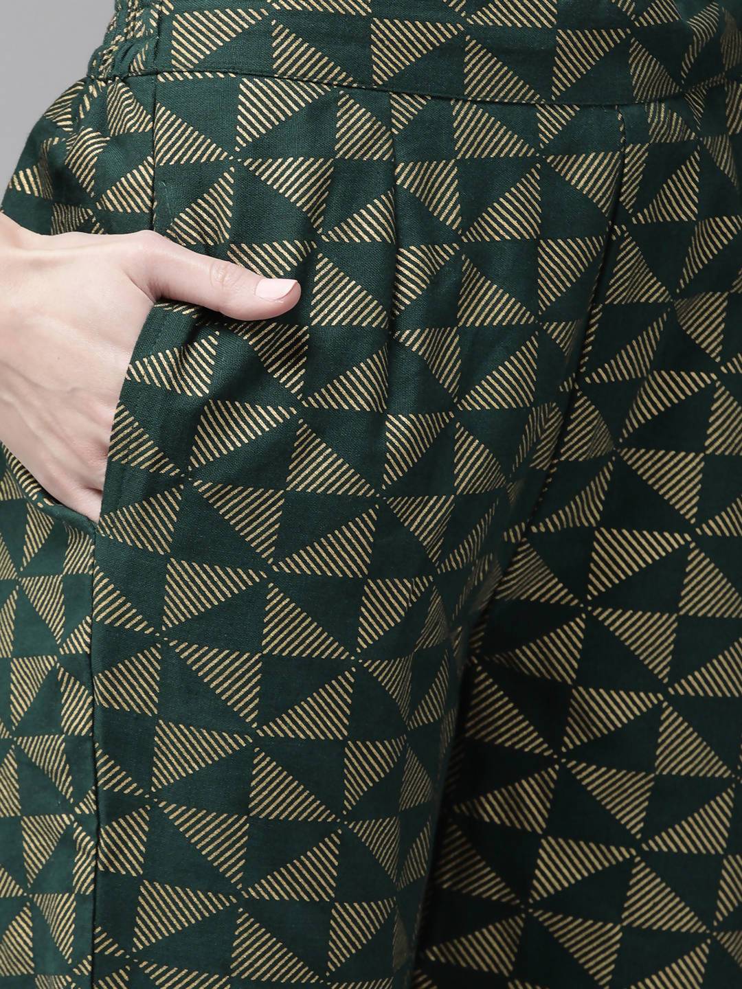 Women's Jade Green Rayon Slub Printed Jacket Style Kurta With Pants - Juniper