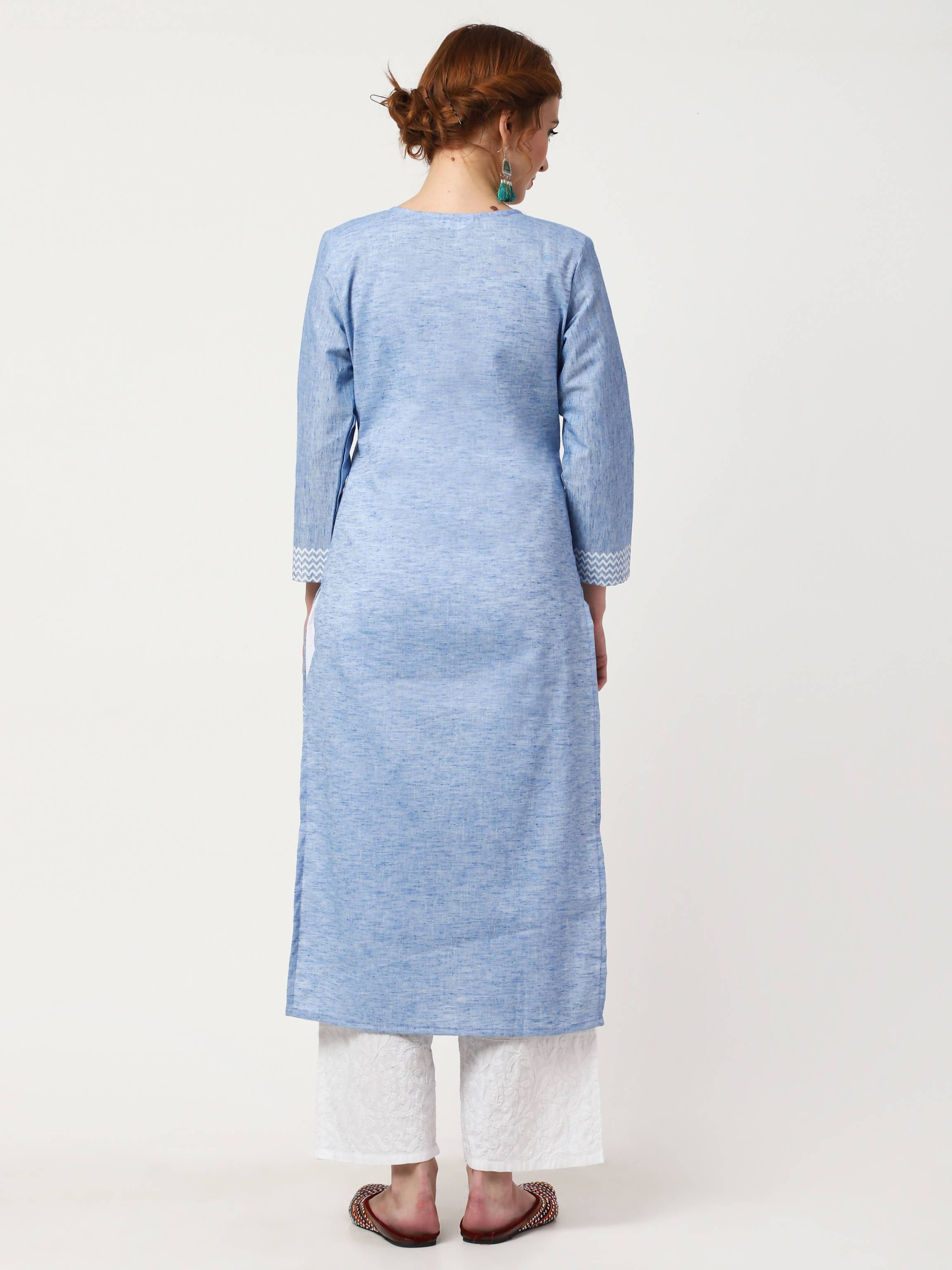 Women's Sky Blue & White Khadi Cotton Kurta With Chikankari Palazzo & Embroidered Dupatta Set - Cheera