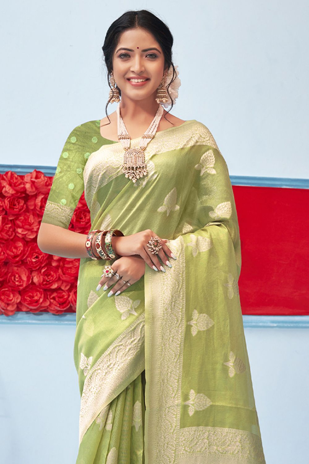 Women's Light Green Cotton Woven Zari Work Traditional Saree - Sangam Prints