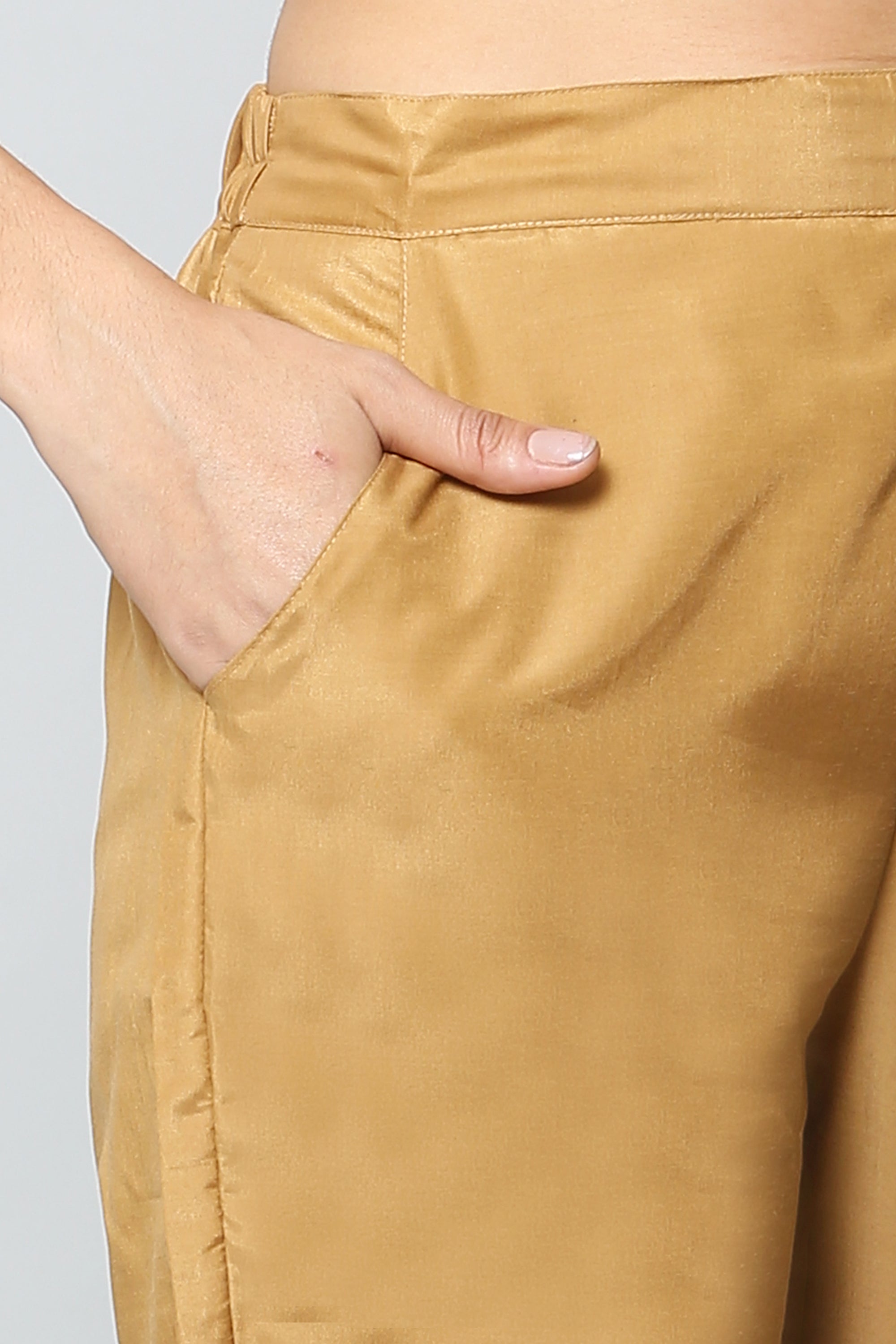 Women's Gold Color Satin Blend Straight Printed Kurta Pant Set - VAABA