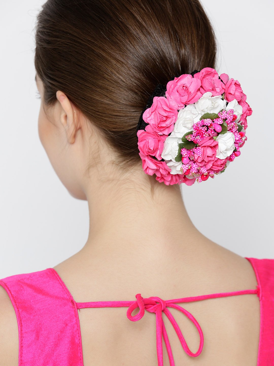 Women's  Artificial Pink And White Rose Flower Handcrafted Bun Maker Hair Accessories - Priyaasi