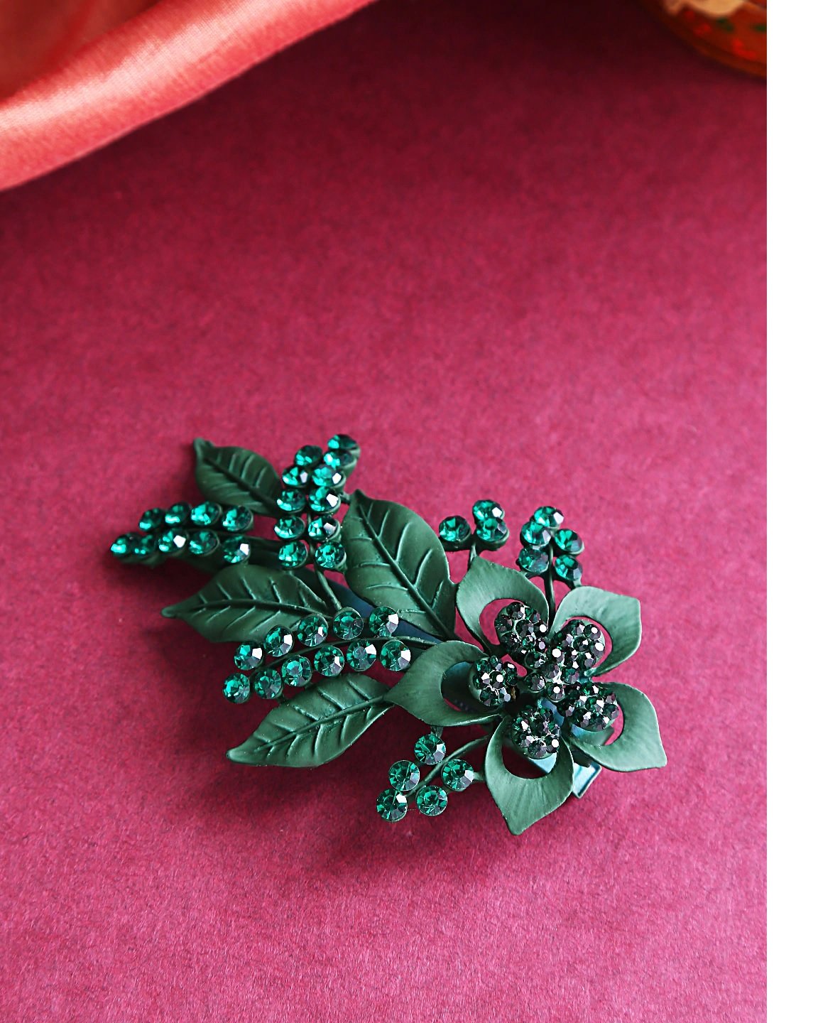 Women's Matte Finish Stones Studded Floral And Leaf Dark Green Hair Clip - Priyaasi