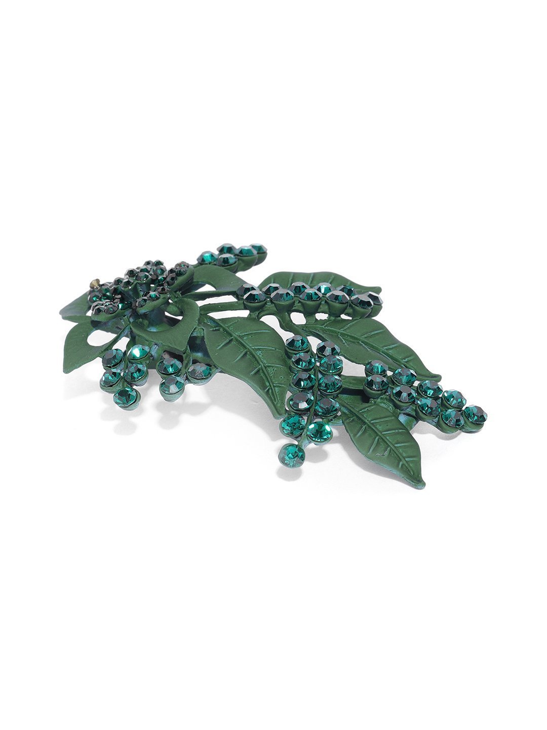 Women's Matte Finish Stones Studded Floral And Leaf Dark Green Hair Clip - Priyaasi