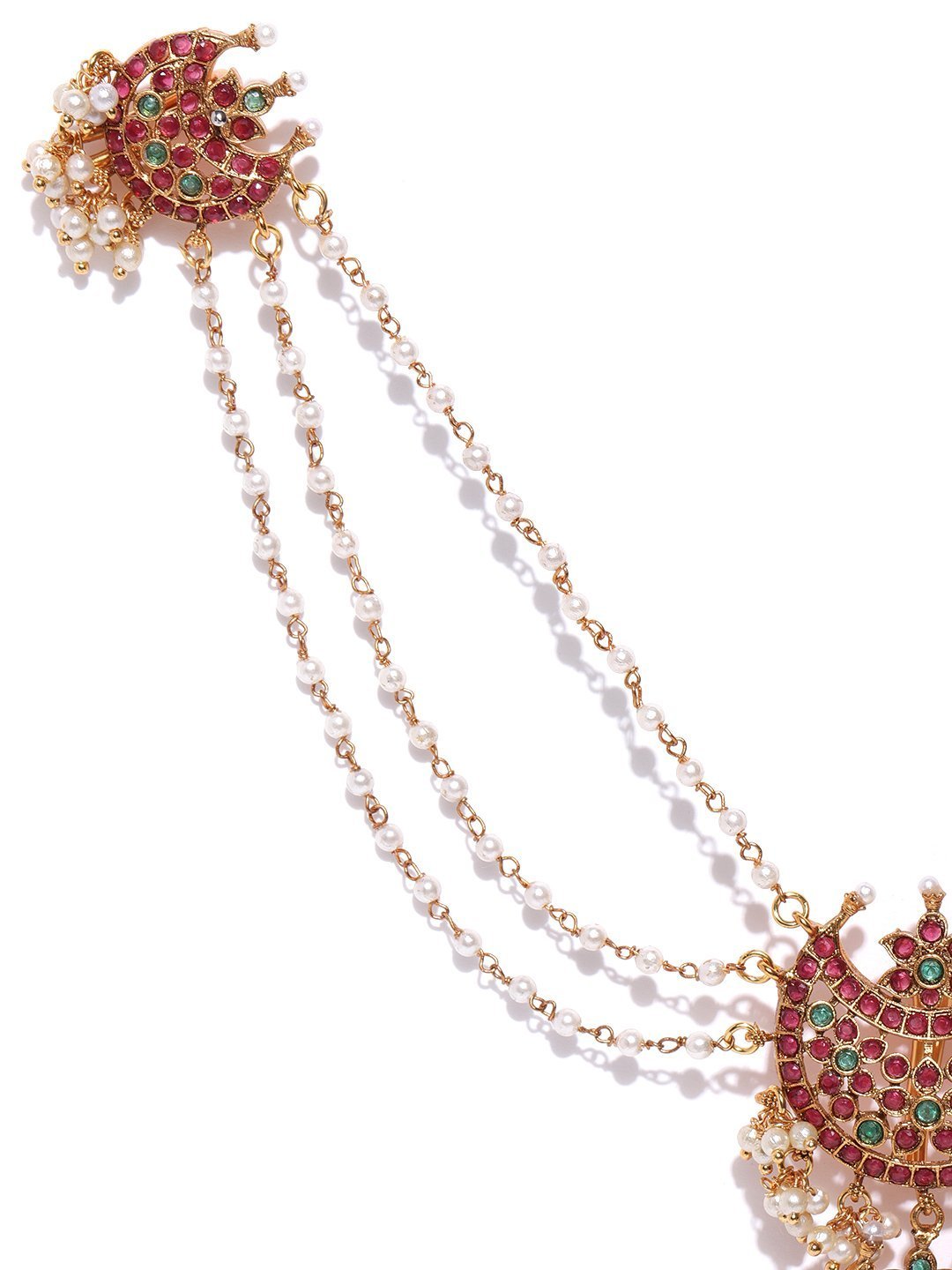 Women's Gold Plated Maroon And Green Stone Studded Multistranded Beaded Chains Bun/ Haiir Accessories - Priyaasi