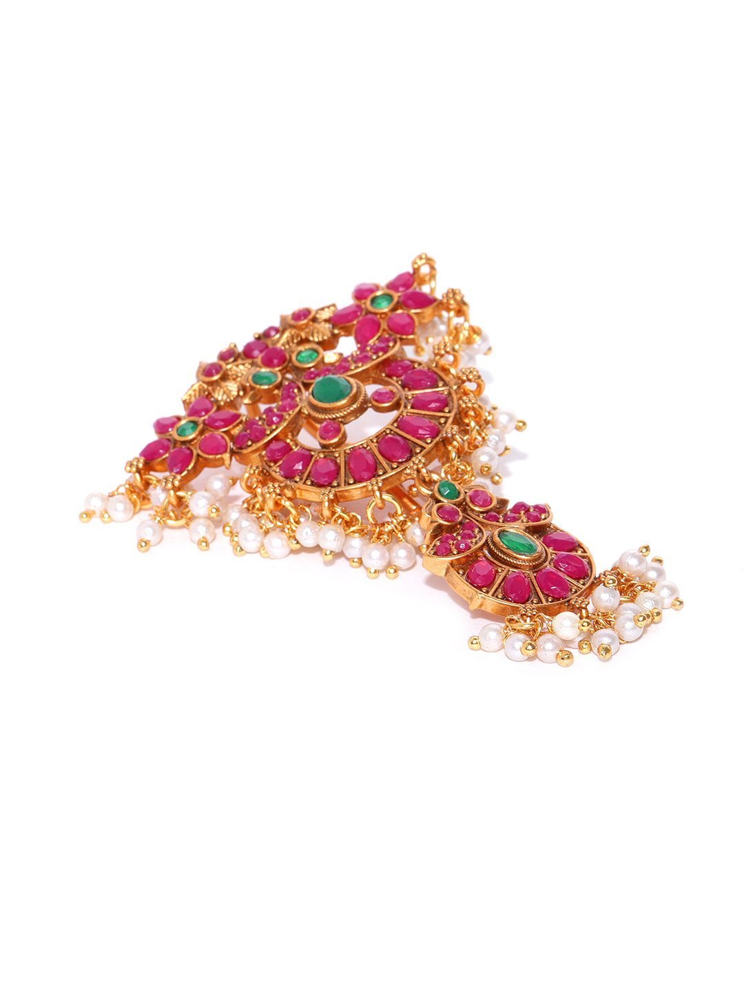 Women's Gold Plated Magenta And Green Stone Studded Off- White Beaded Bun/ Hair Accessories - Priyaasi