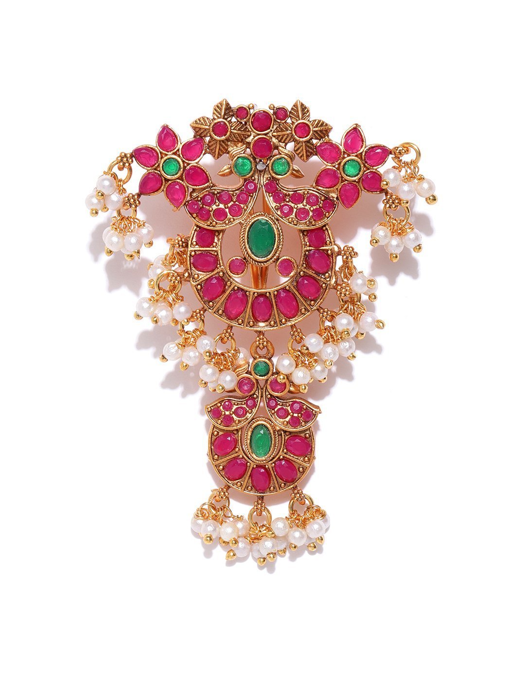 Women's Gold Plated Magenta And Green Stone Studded Off- White Beaded Bun/ Hair Accessories - Priyaasi