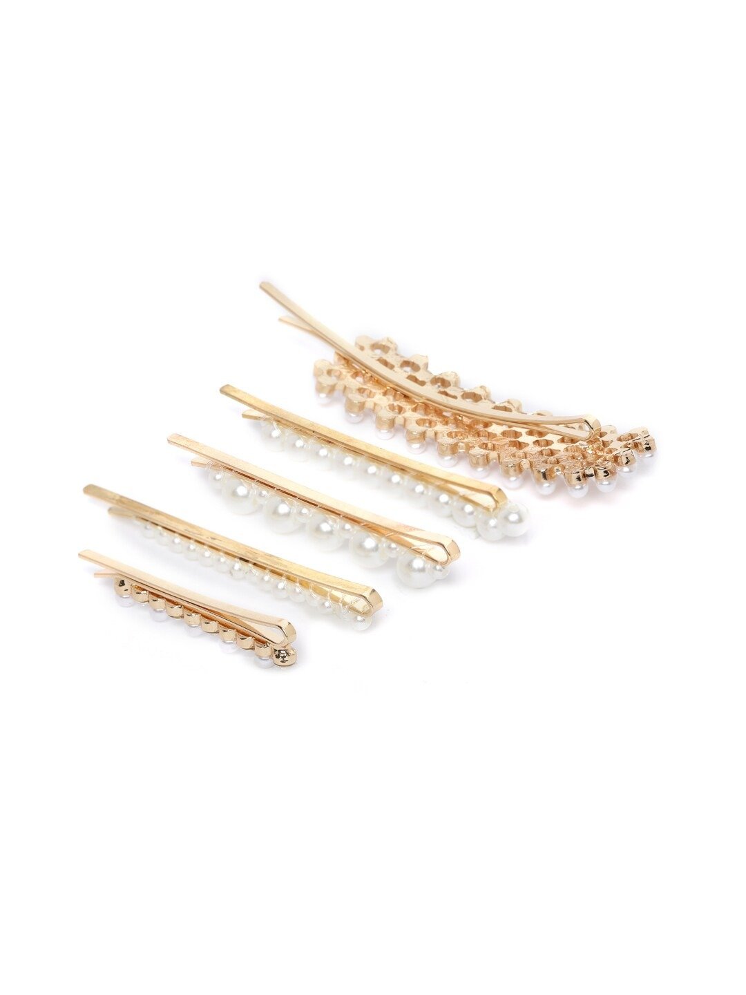 Women's Set Of 5 Gold Plated White Beaded Hair Clips For Women And Girls - Priyaasi