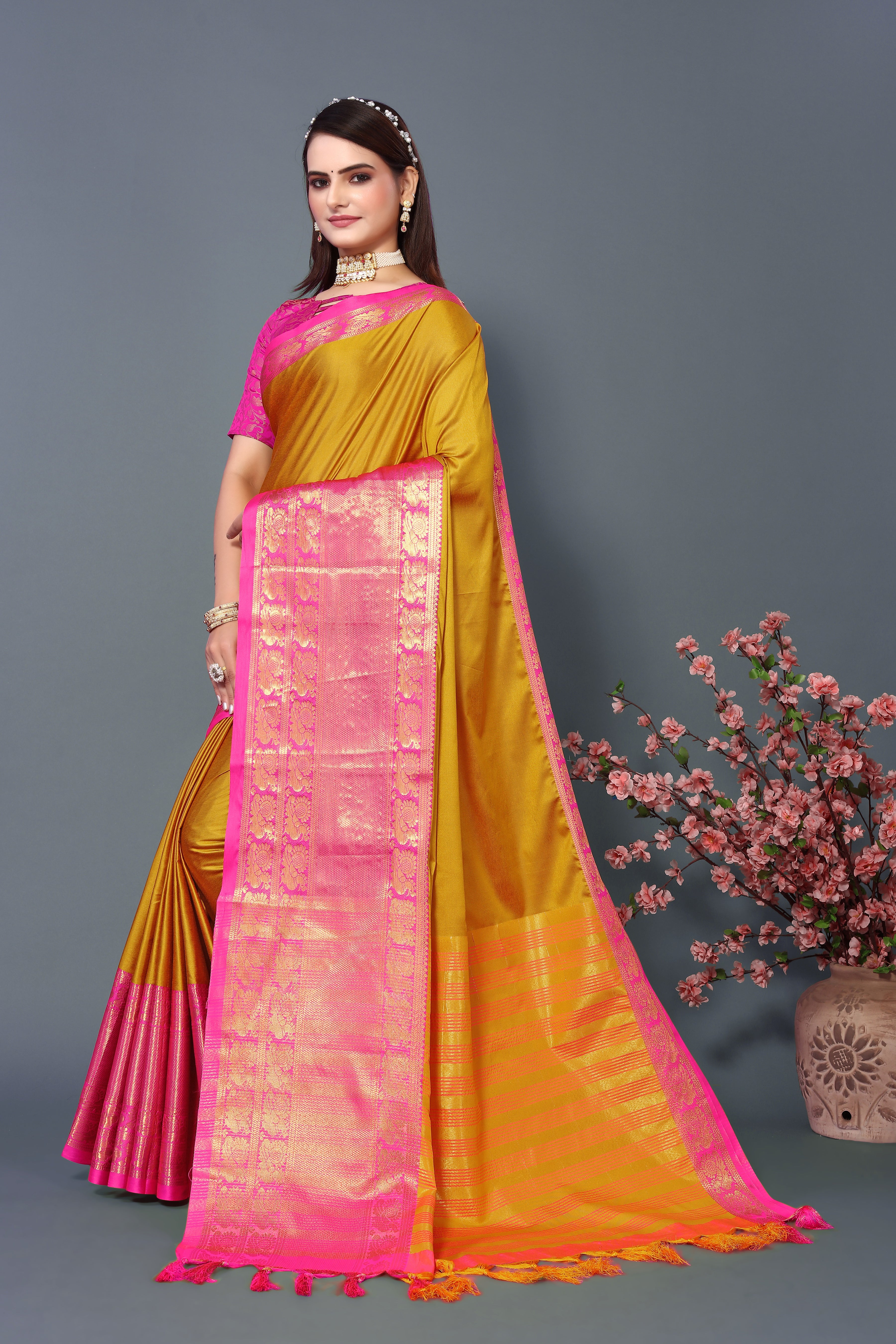 Women's Dark Yellow Kathan Silk Saree - Dwija Fashion