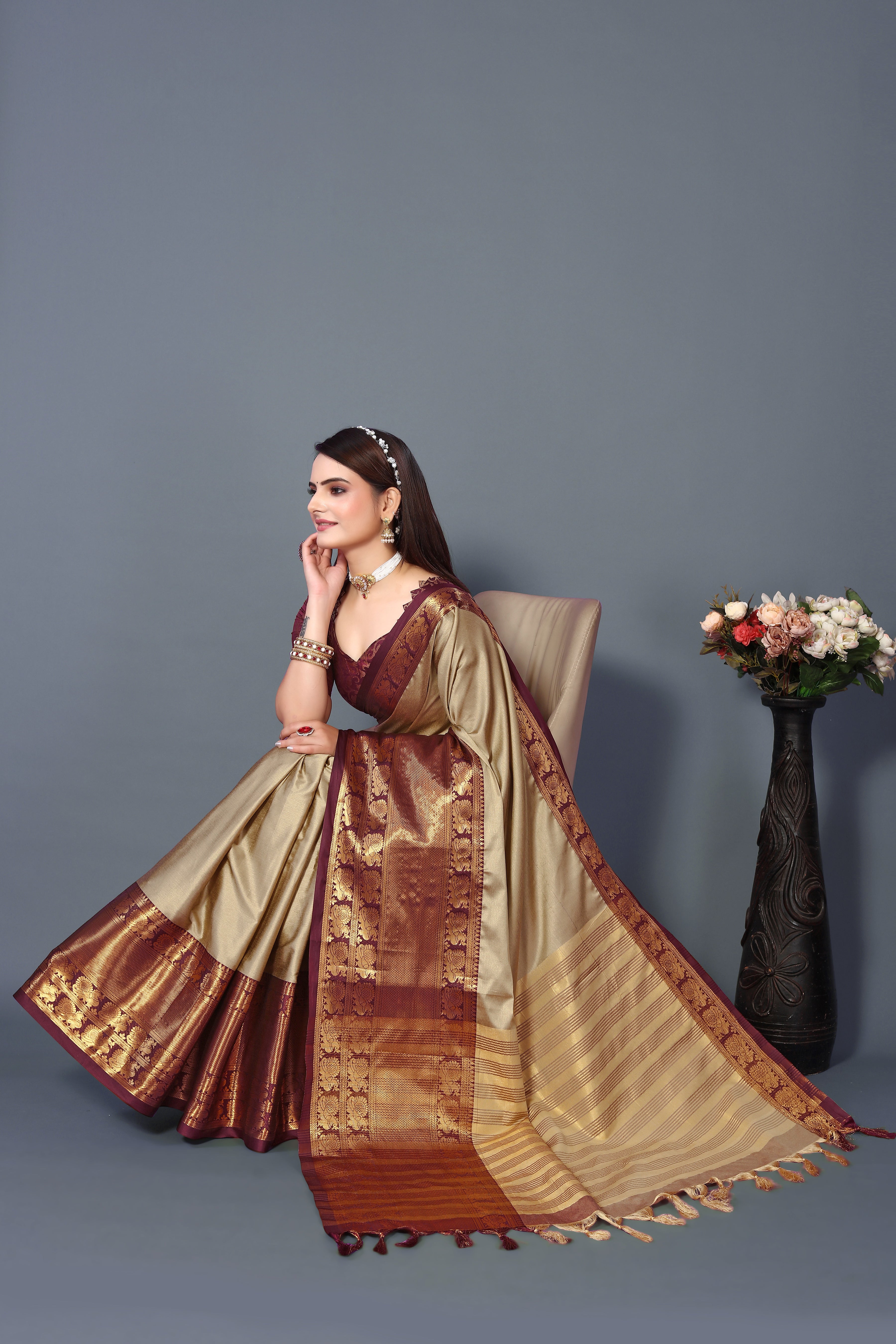 Women's Light Brown Kathan Silk Saree - Dwija Fashion