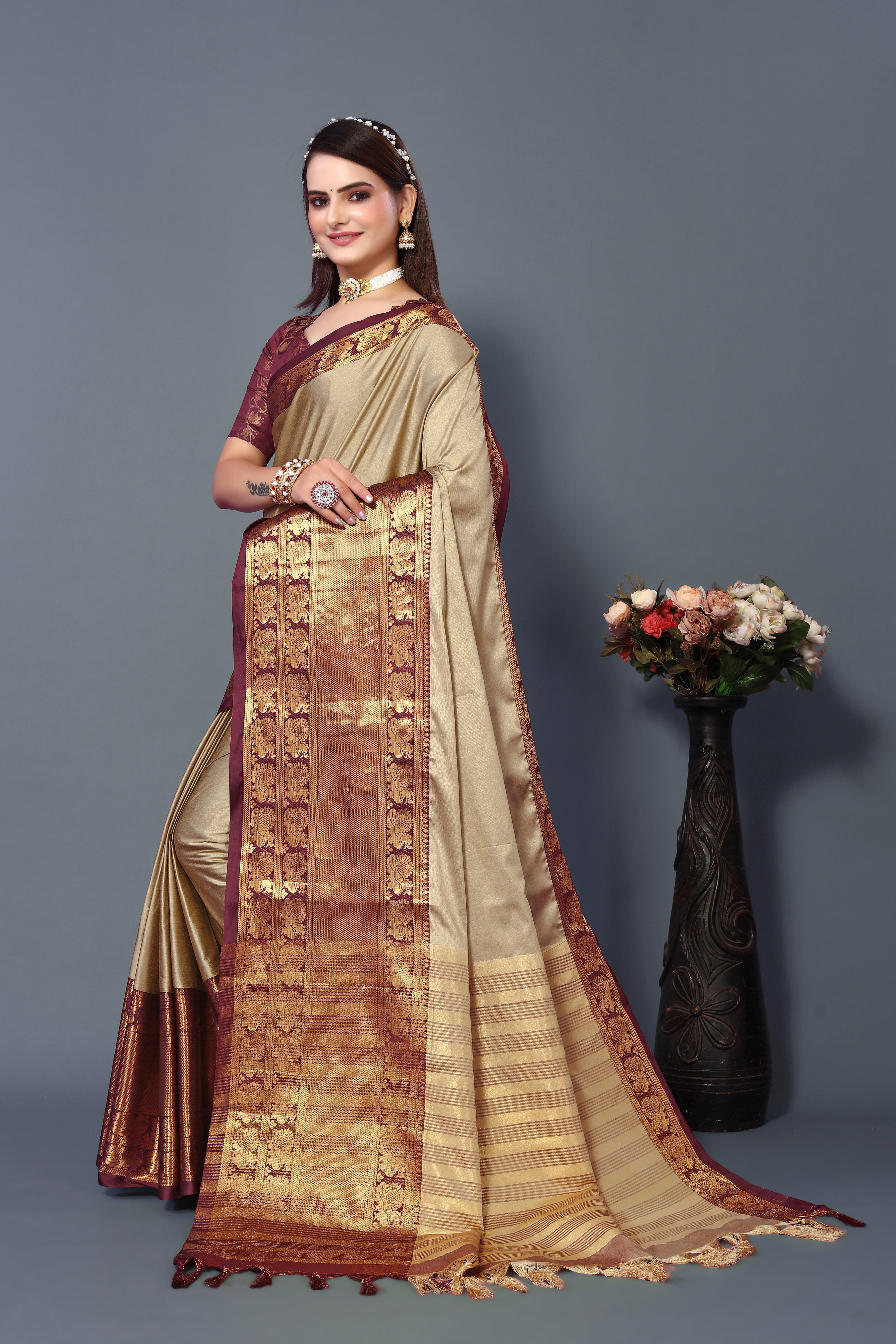 Women's Light Brown Kathan Silk Saree - Dwija Fashion