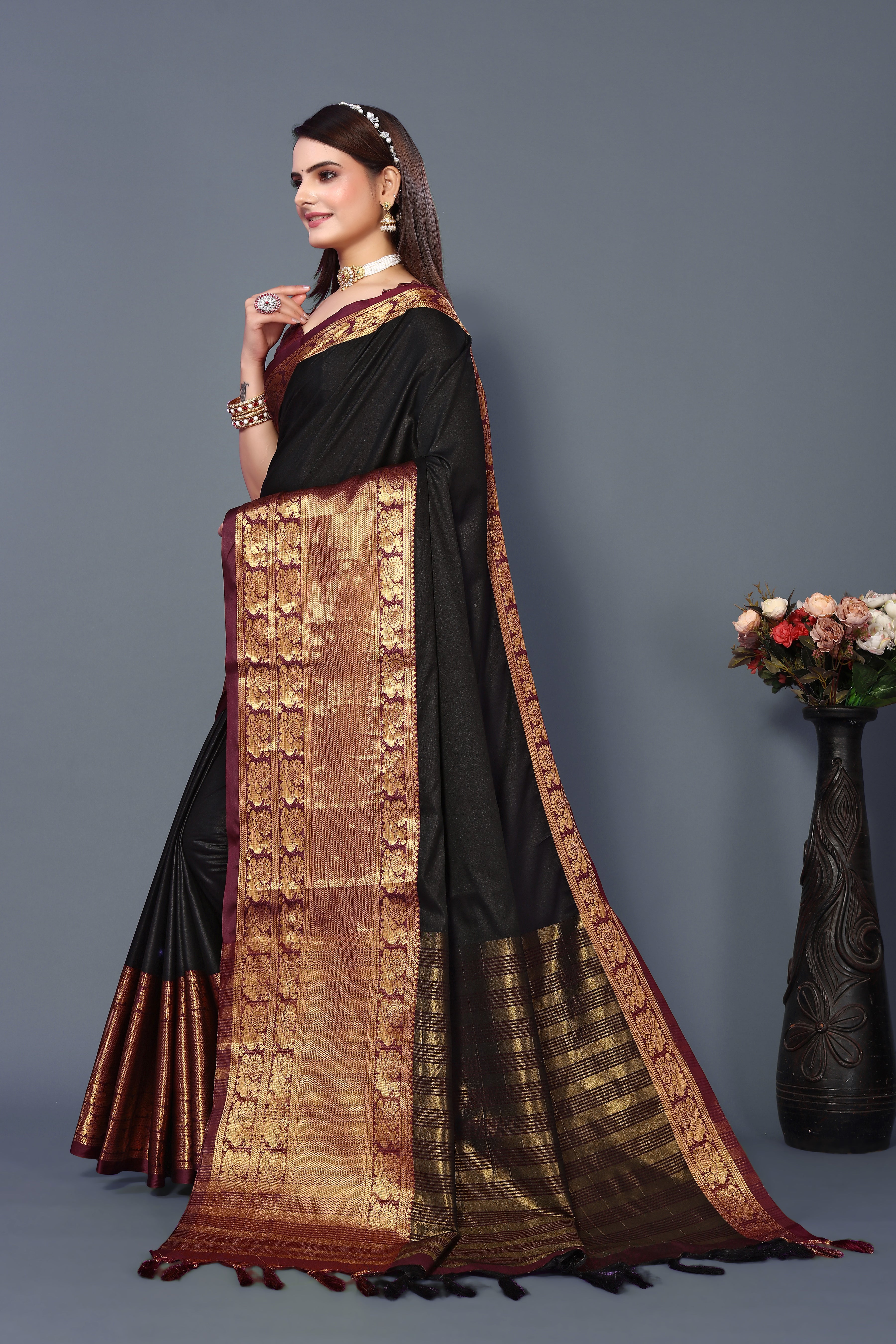 Women's Black Kathan Silk Saree - Dwija Fashion