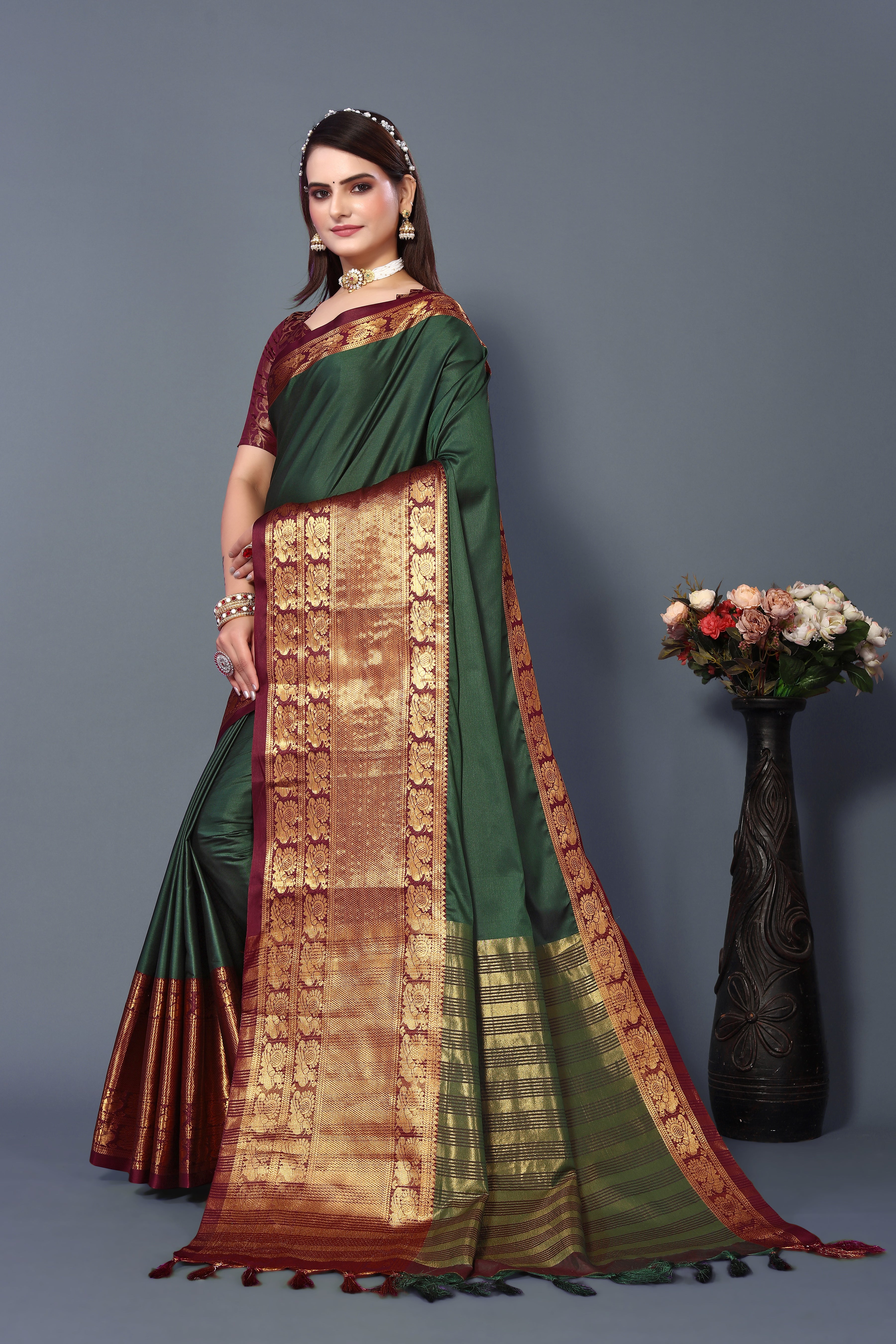 Women's Dark Green Kathan Silk Saree - Dwija Fashion