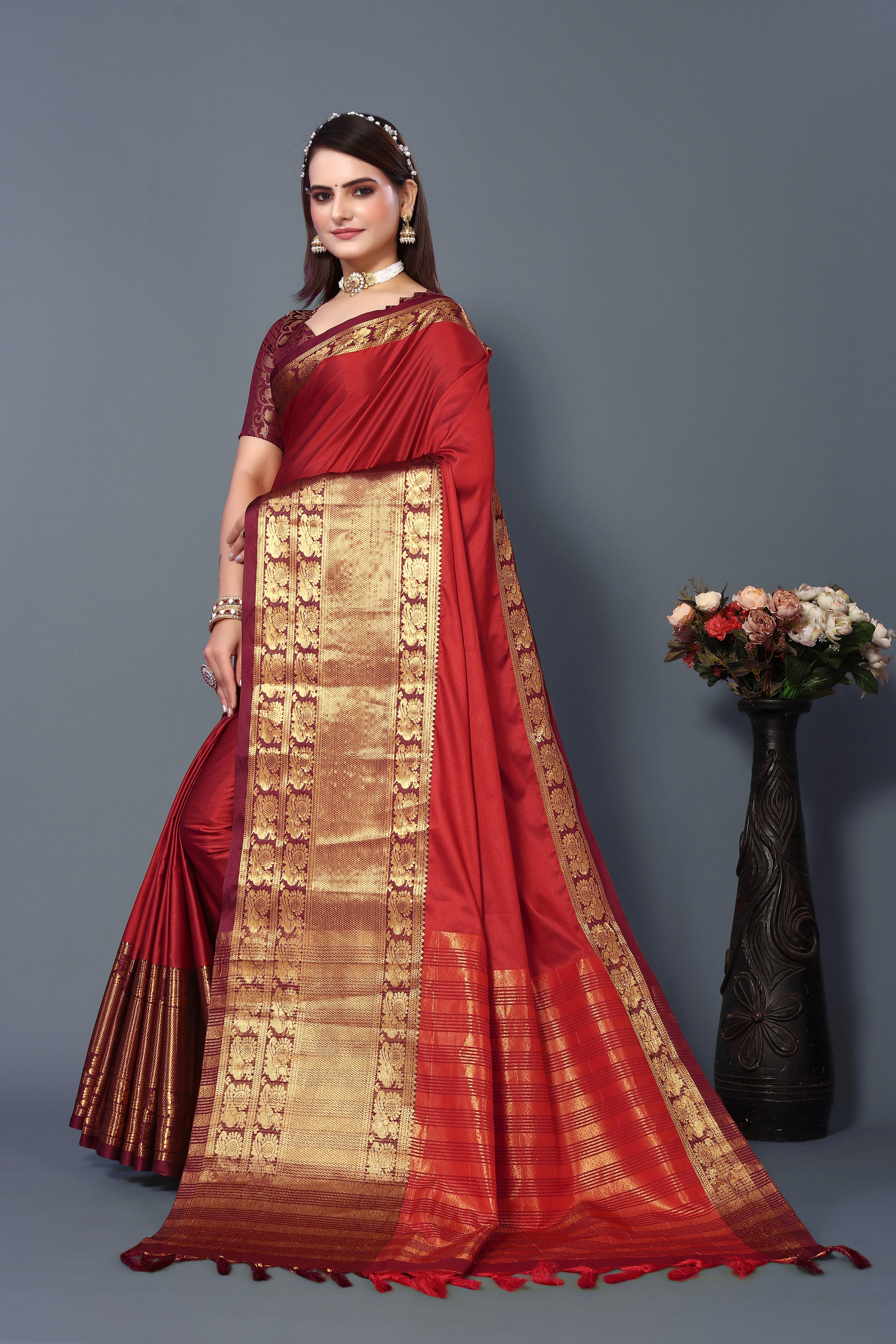 Women's Red Kathan Silk Saree - Dwija Fashion
