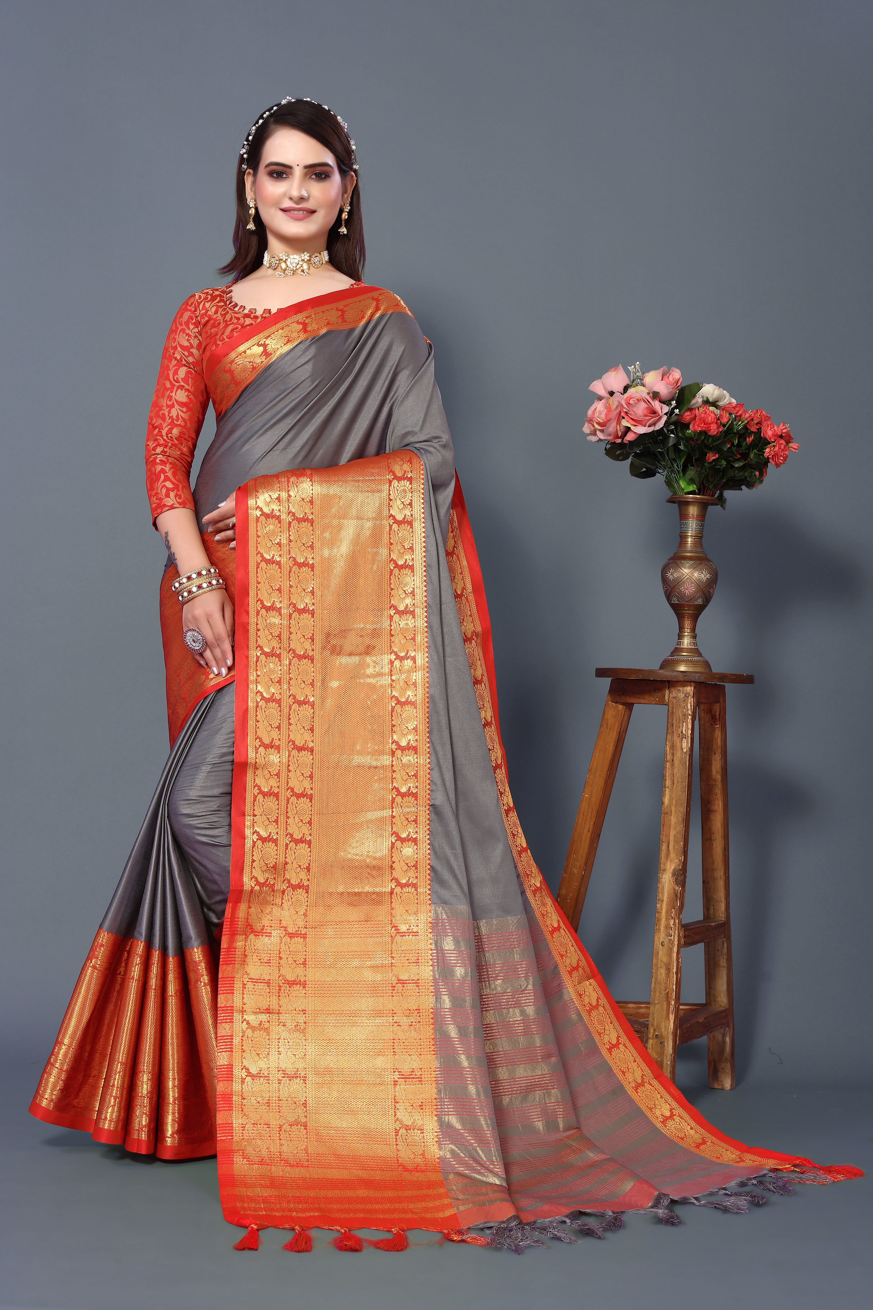 Women's Grey Kathan Silk Saree - Dwija Fashion