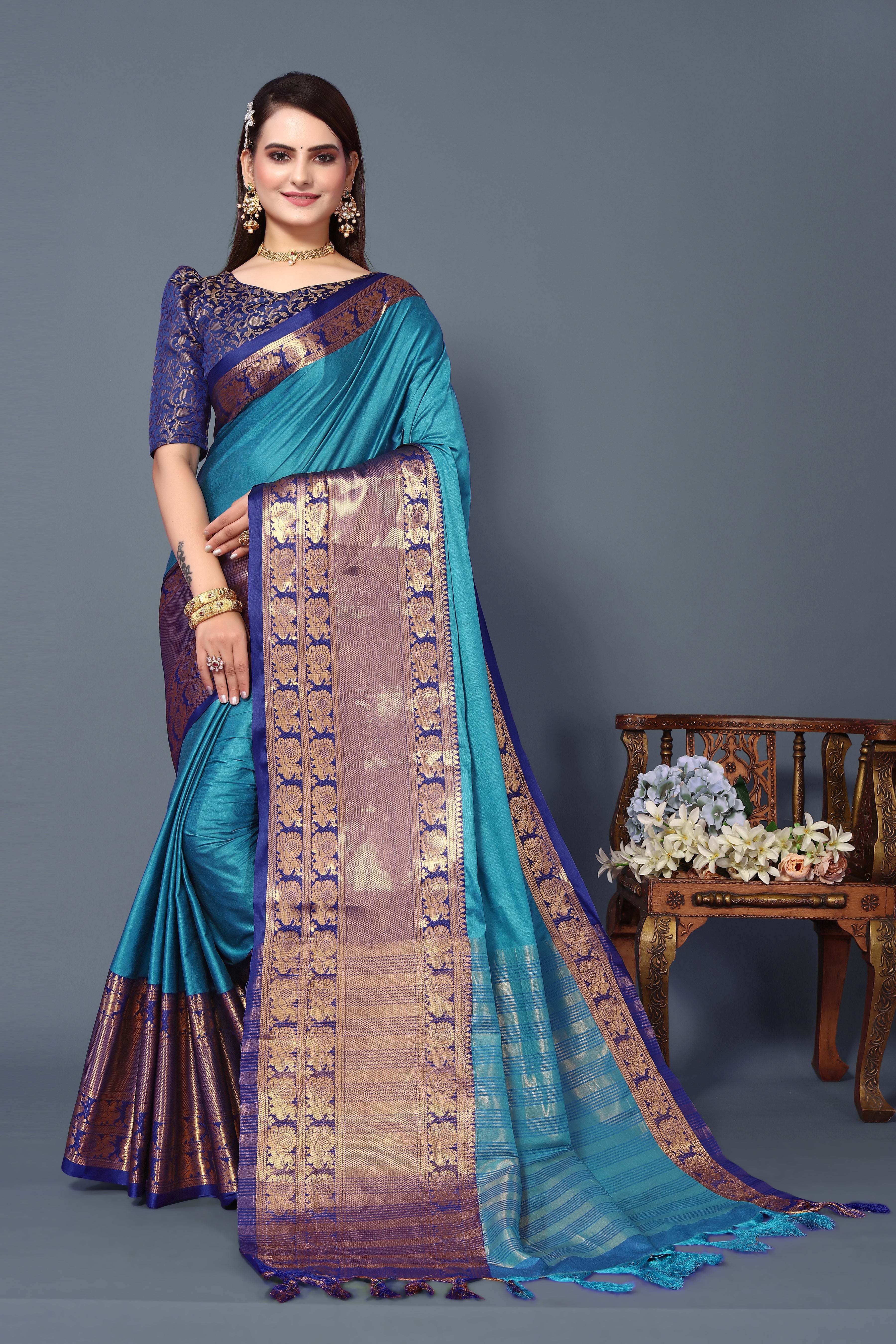 Women's Sky Blue Kathan Silk Saree - Dwija Fashion