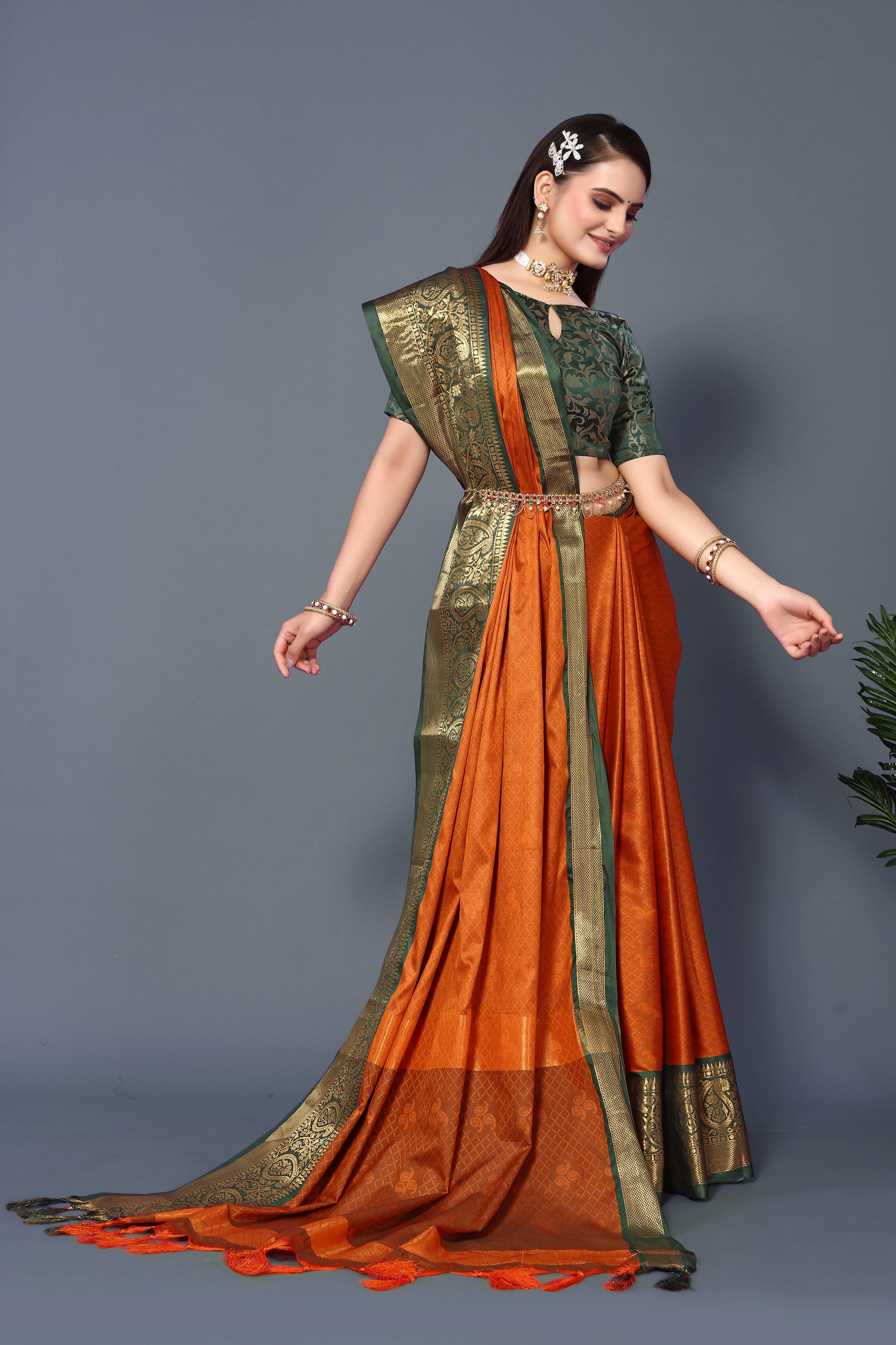 Women's Dark Orange Rubina Silk Saree - Dwija Fashion