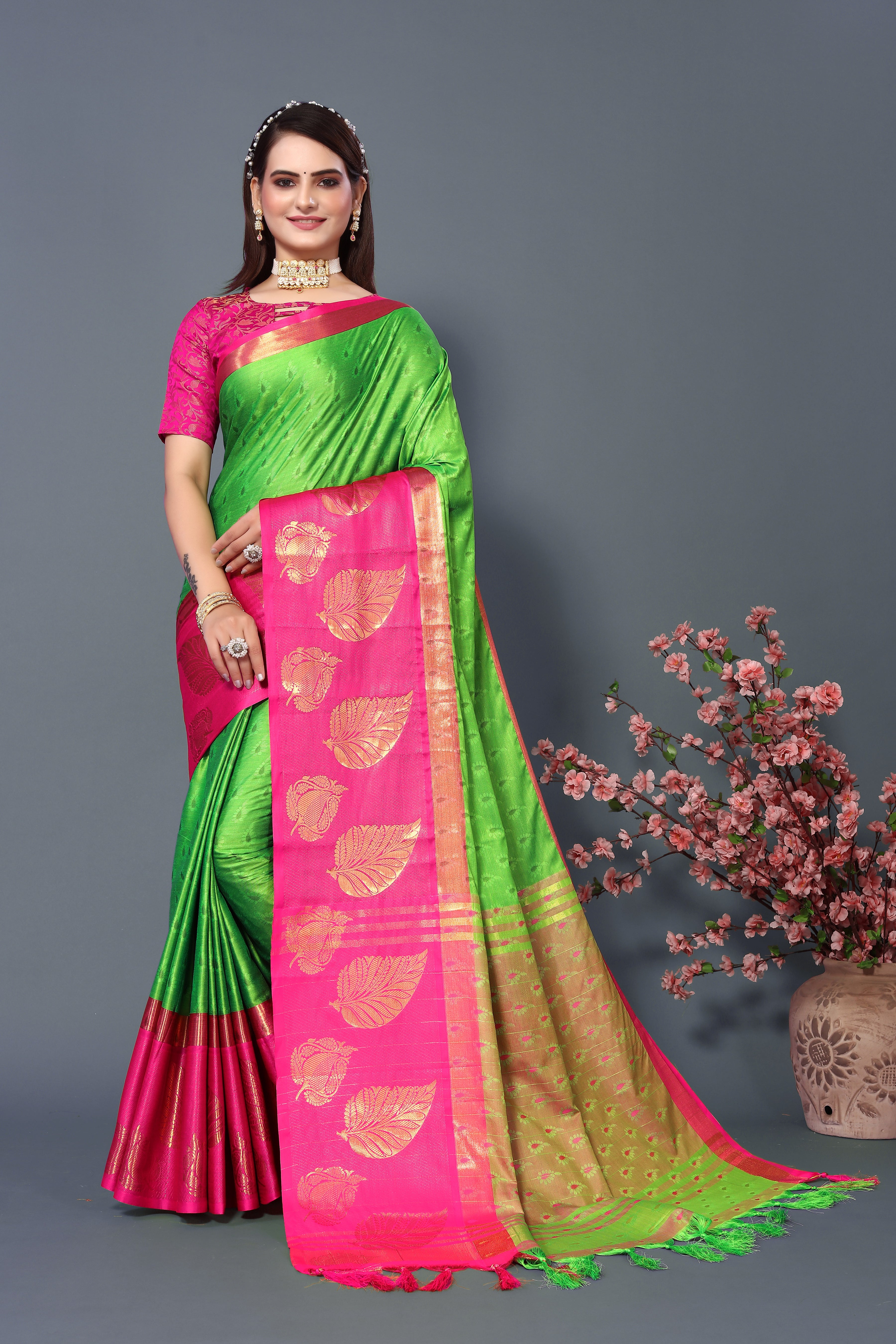 Women's Parrot Green Kathan Silk Saree - Dwija Fashion
