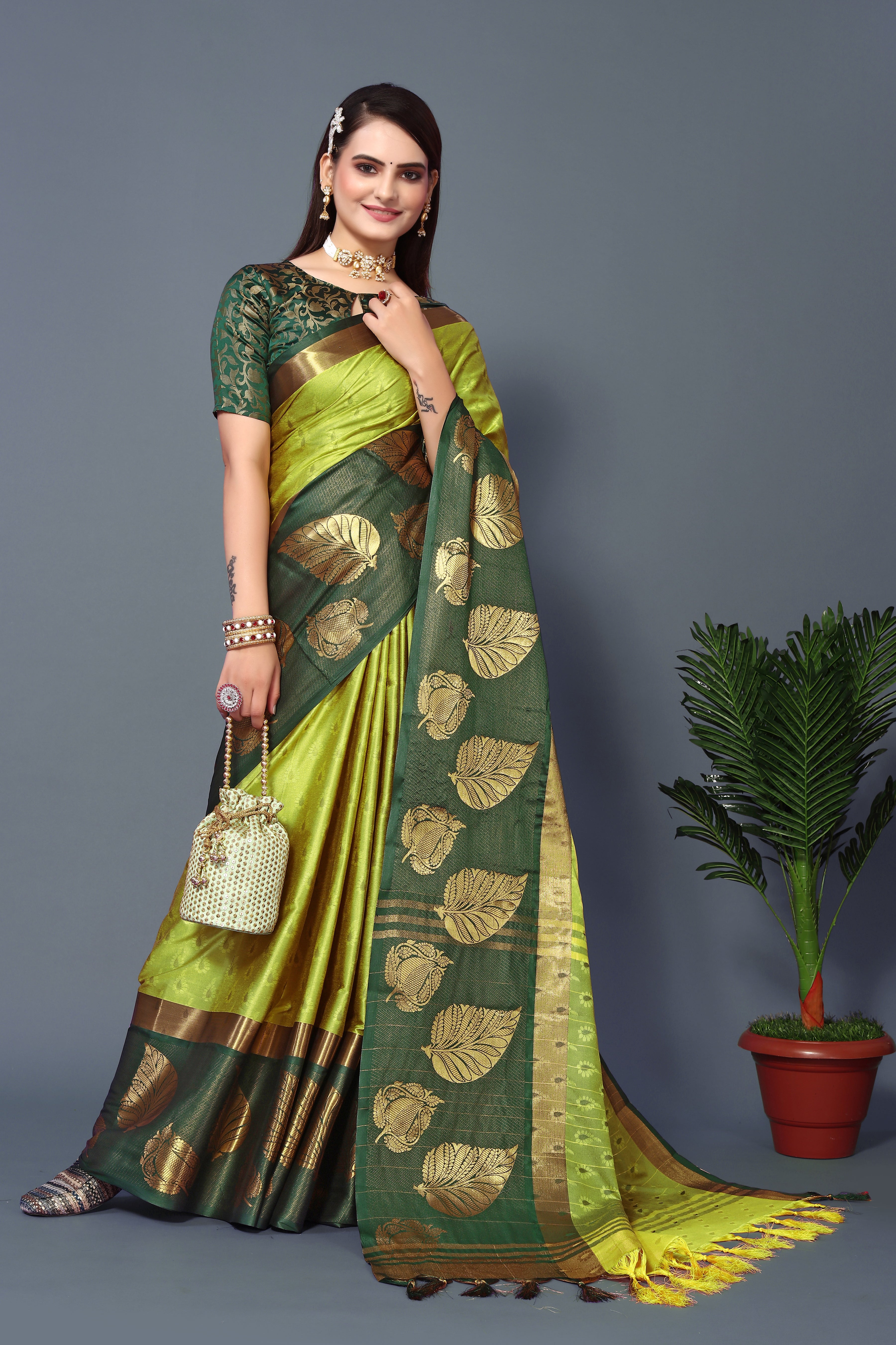 Women's Lime Kathan Silk Saree - Dwija Fashion