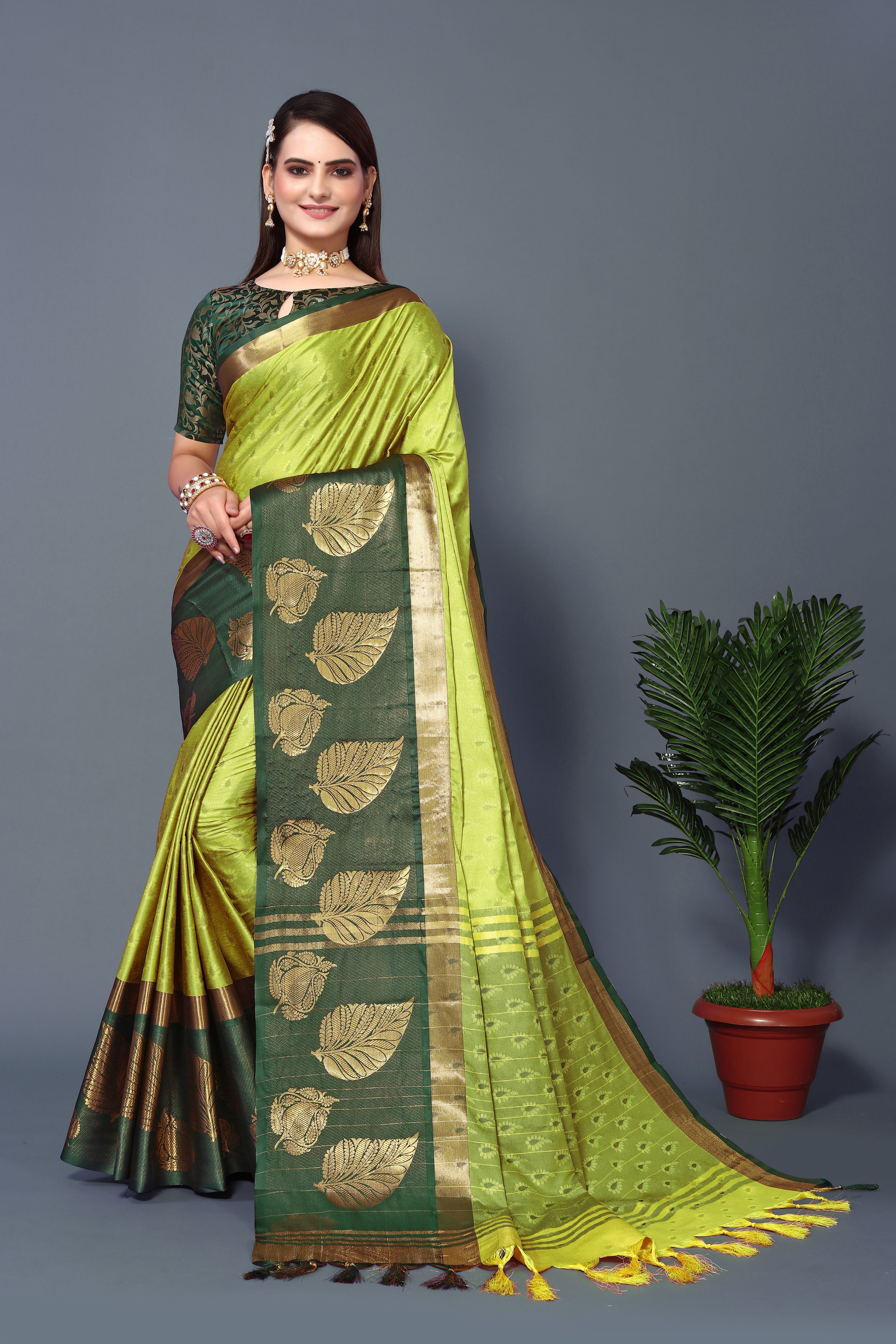 Women's Lime Kathan Silk Saree - Dwija Fashion