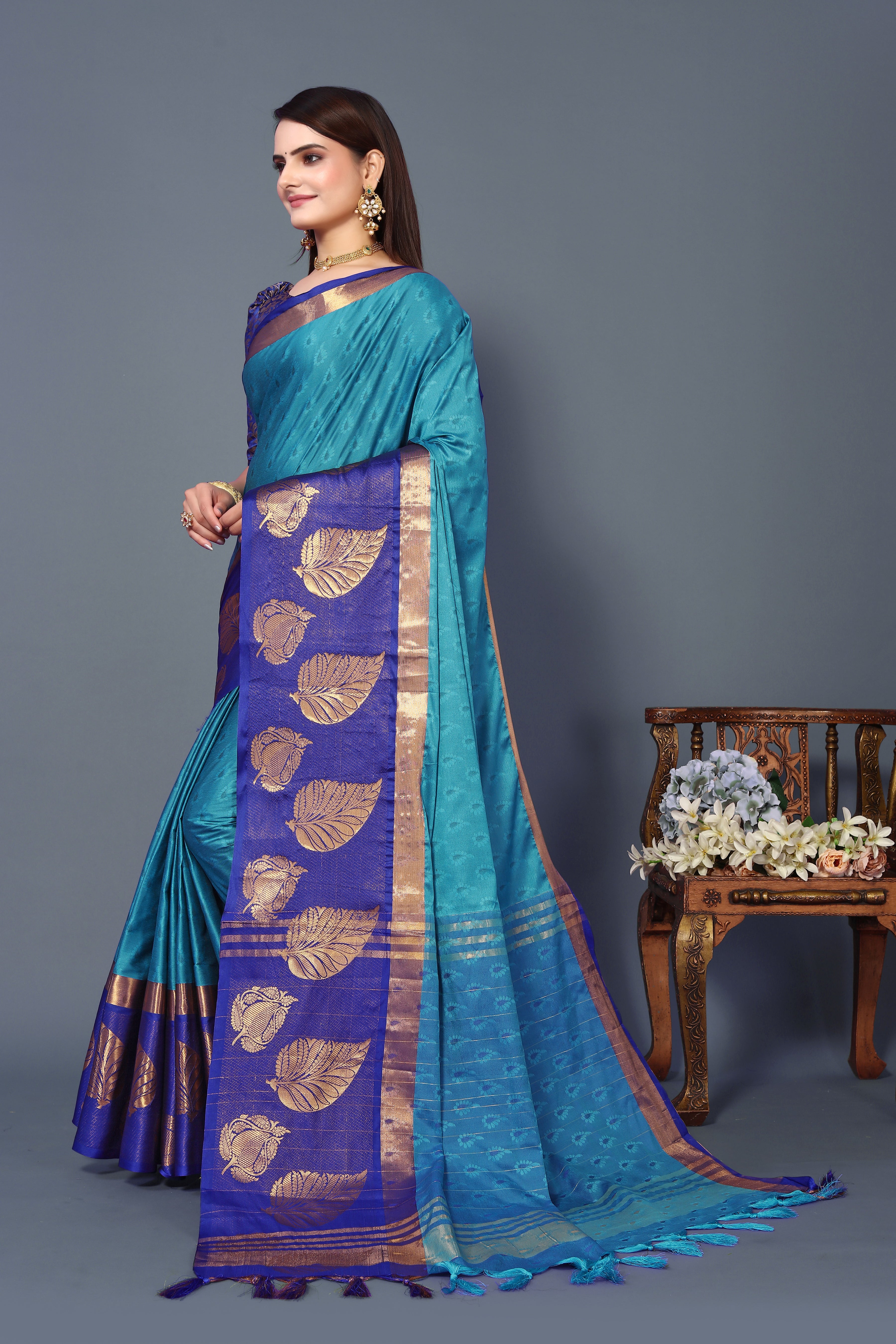 Women's Aqua Blue Kathan Silk Saree - Dwija Fashion