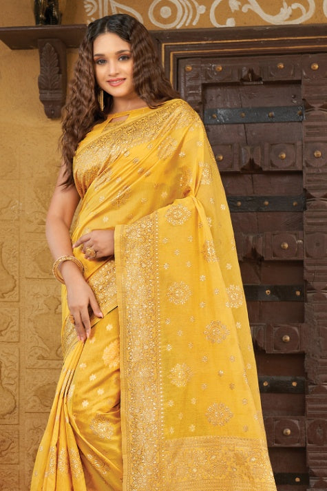 Women's Dandelion Yellow Cotton Saree - Karagiri