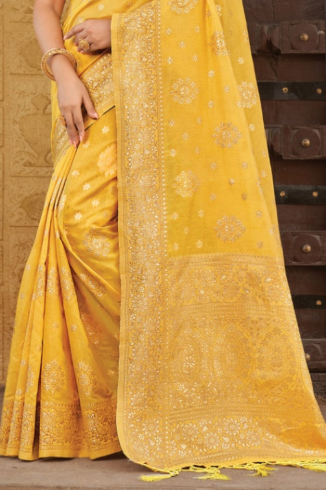 Women's Dandelion Yellow Cotton Saree - Karagiri