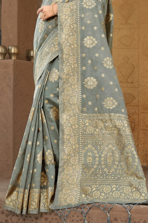 Women's Lava Grey Cotton Saree - Karagiri