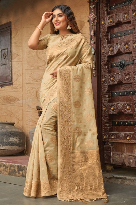 Women's Beige Cotton Saree - Karagiri