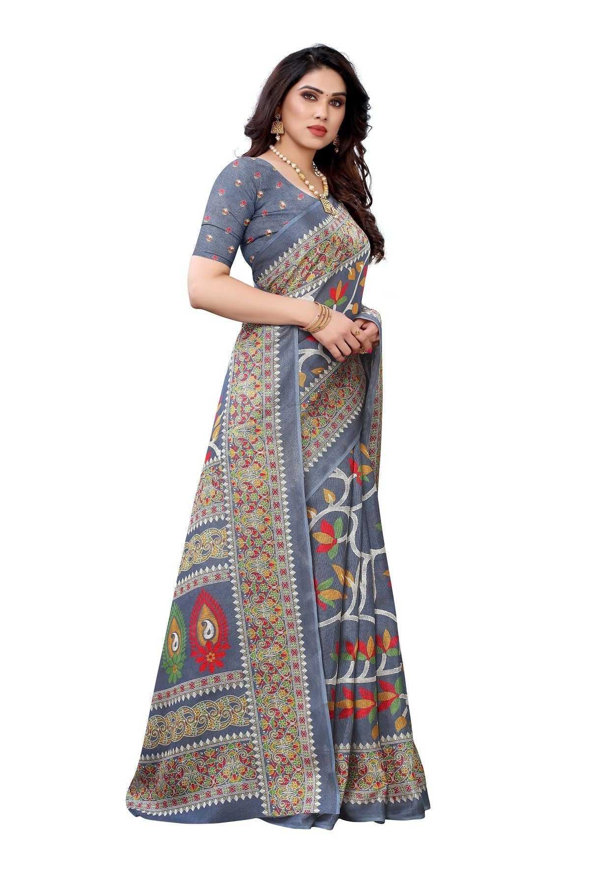 Women's Printed Jute Silk Grey Saree - Vamika