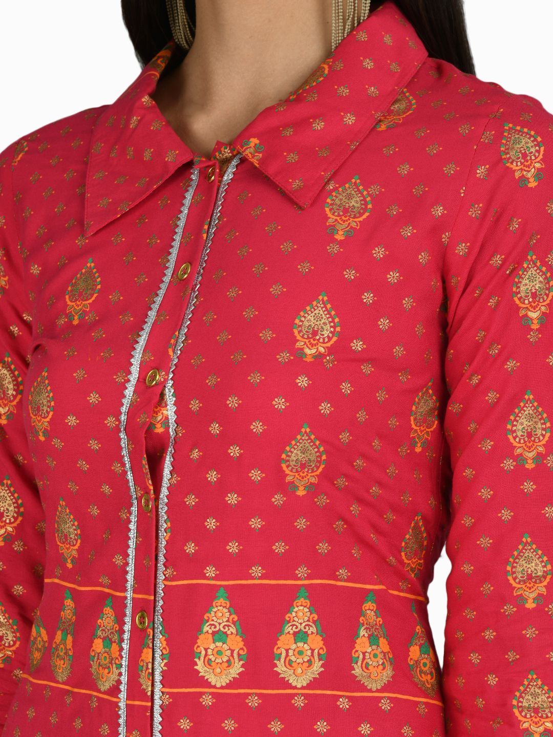 Women's Red Cotton Printed 3/4 Sleeve Shirt Collar Casual Anarkali kurta - Myshka