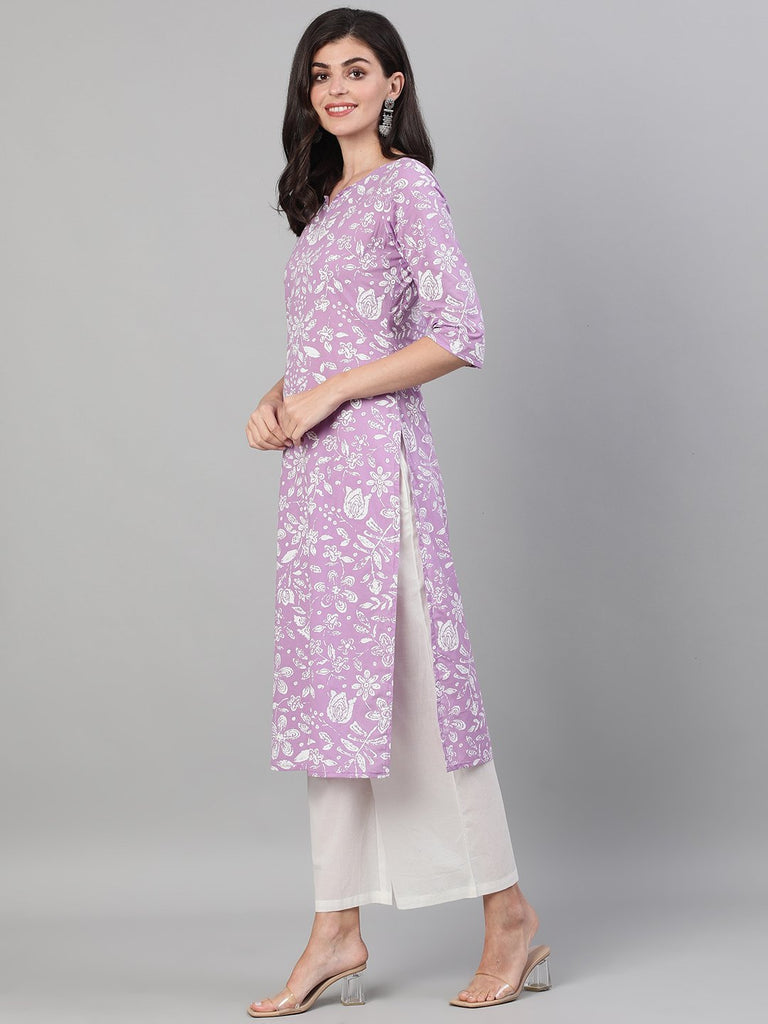 Women's Lavender Calf Length Three-Quarter Sleeves Straight Floral Printed Cotton Kurta With Face Mask