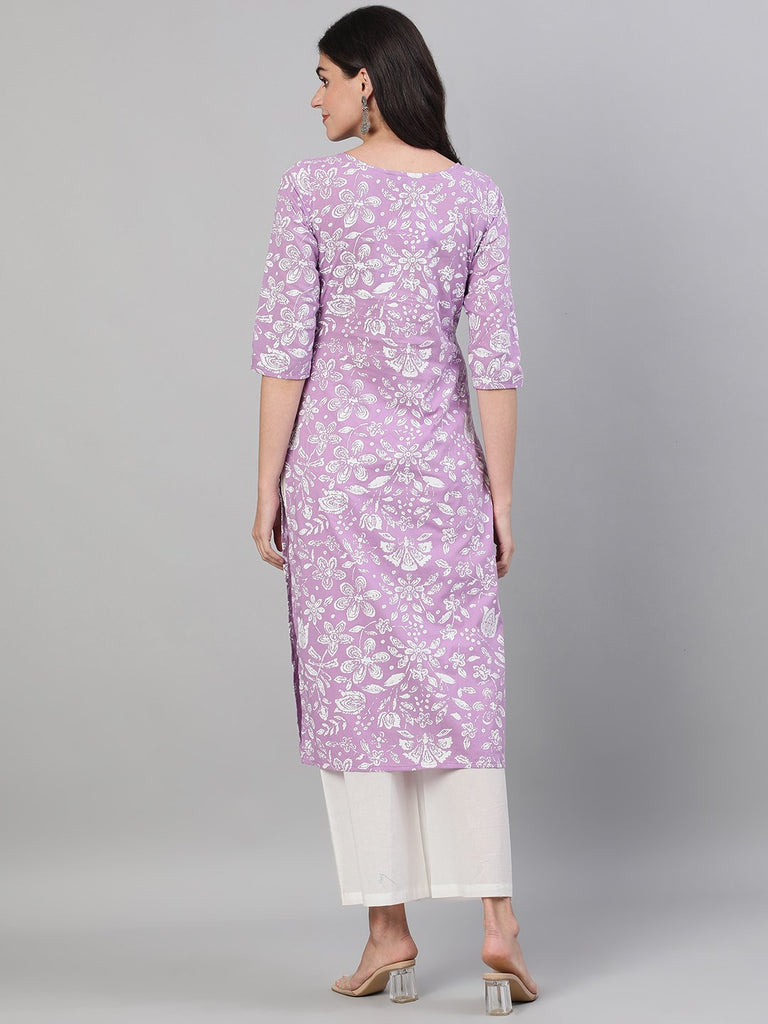 Women's Lavender Calf Length Three-Quarter Sleeves Straight Floral Printed Cotton Kurta With Face Mask