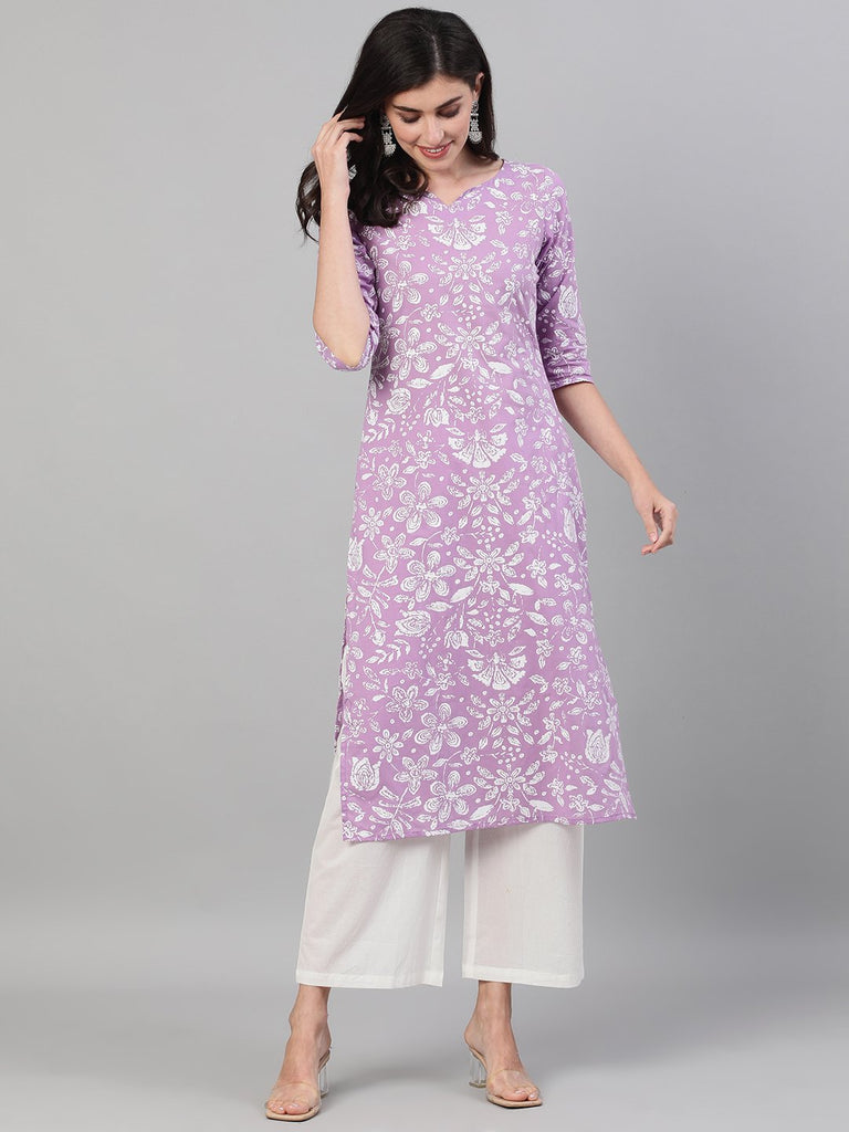Women's Lavender Calf Length Three-Quarter Sleeves Straight Floral Printed Cotton Kurta With Face Mask