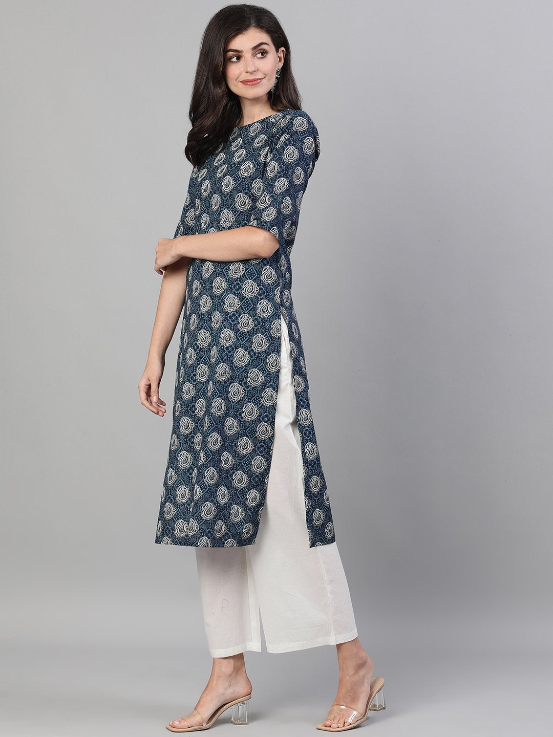 Women's Blue Calf Length Three-Quarter Sleeves Straight Bandhani Printed Cotton Kurta With Pockets And Face Mask - Nayo Clothing