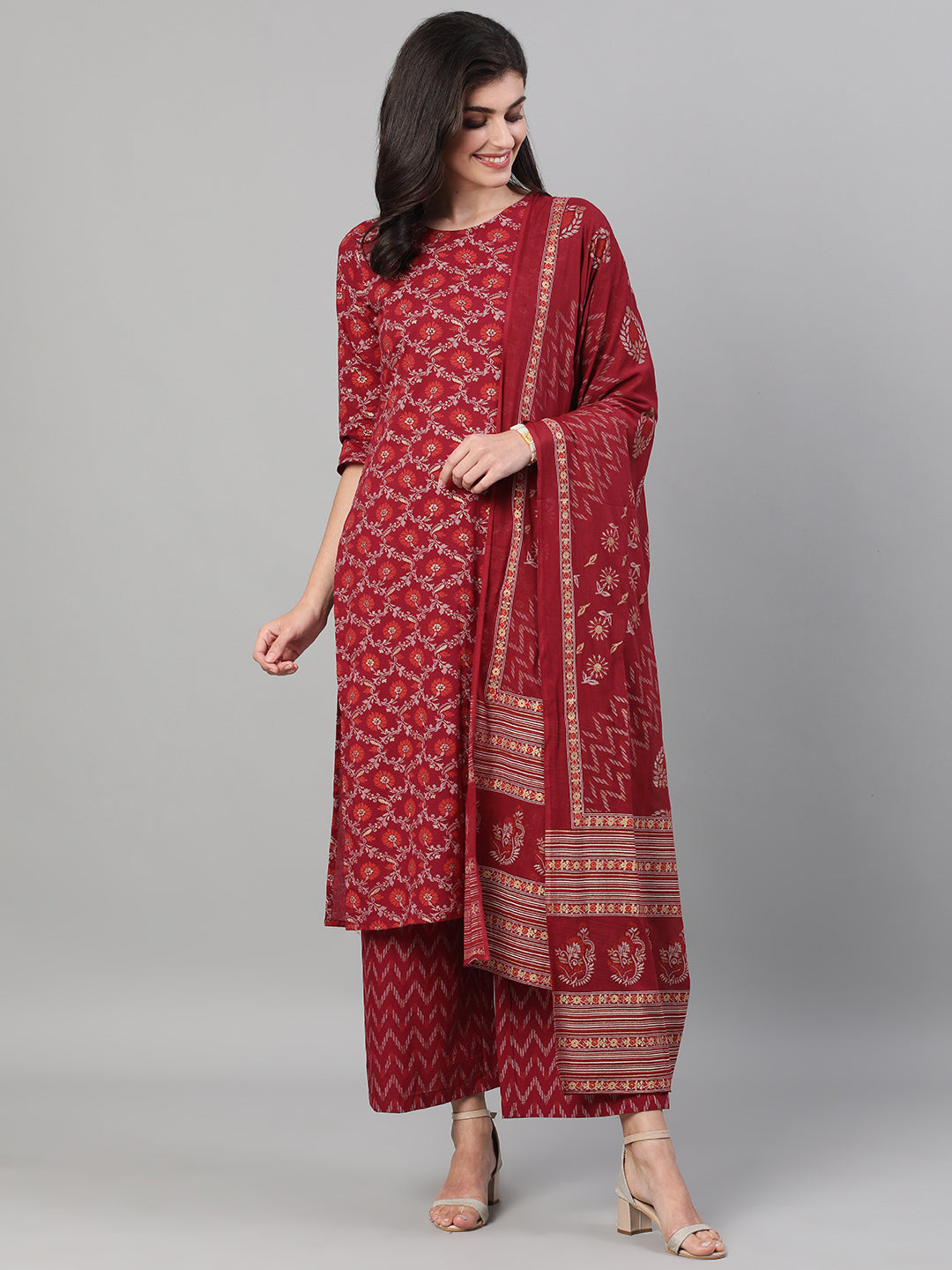 Women's Burgundy Gold Printed Three-Quarter Sleeves Straight Kurta With Palazzo And Dupatta With Pockets And Face Mask - Nayo Clothing