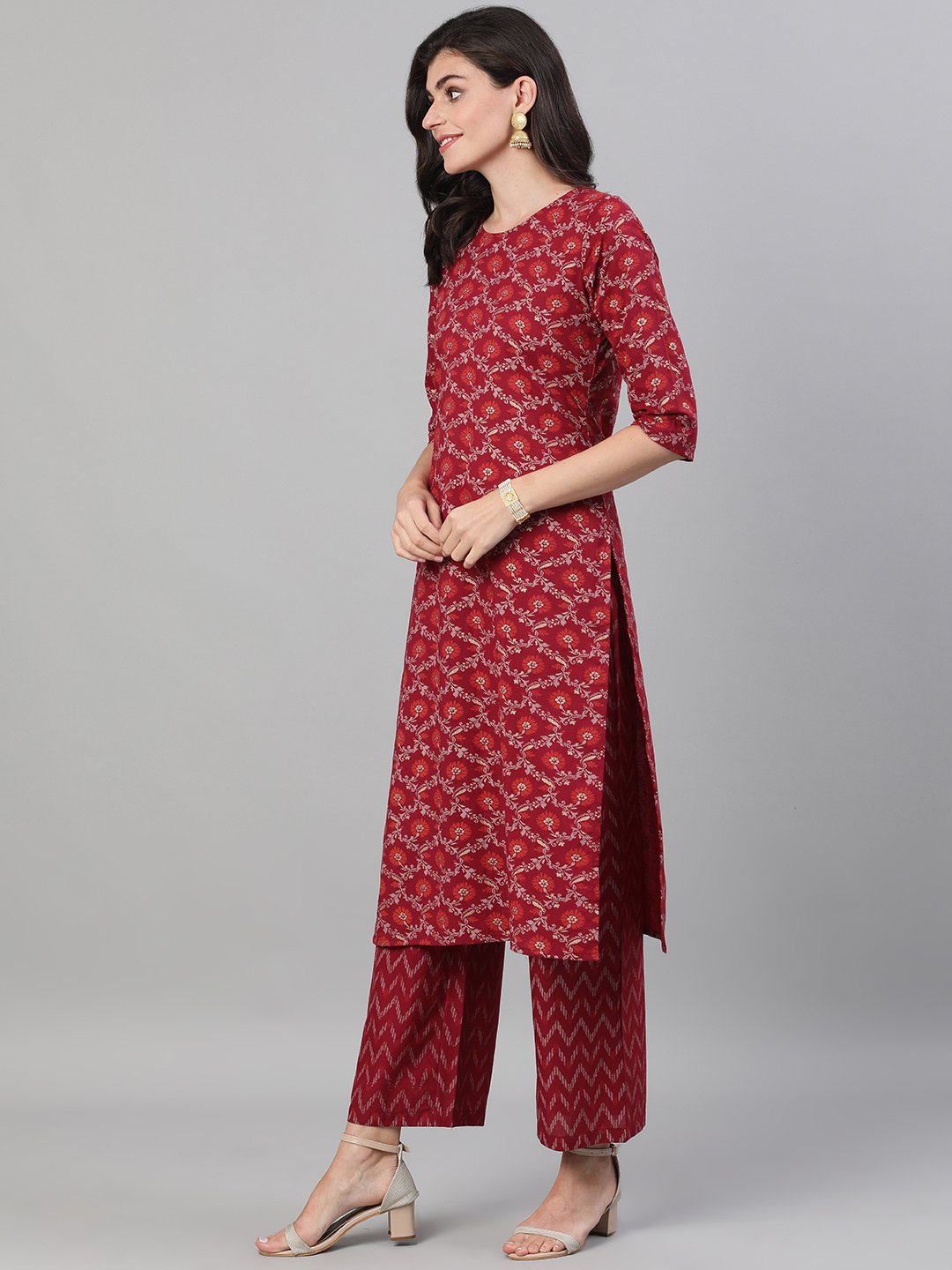 Women's Burgundy Gold Printed Three-Quarter Sleeves Straight Kurta With Palazzo And Dupatta With Pockets And Face Mask - Nayo Clothing